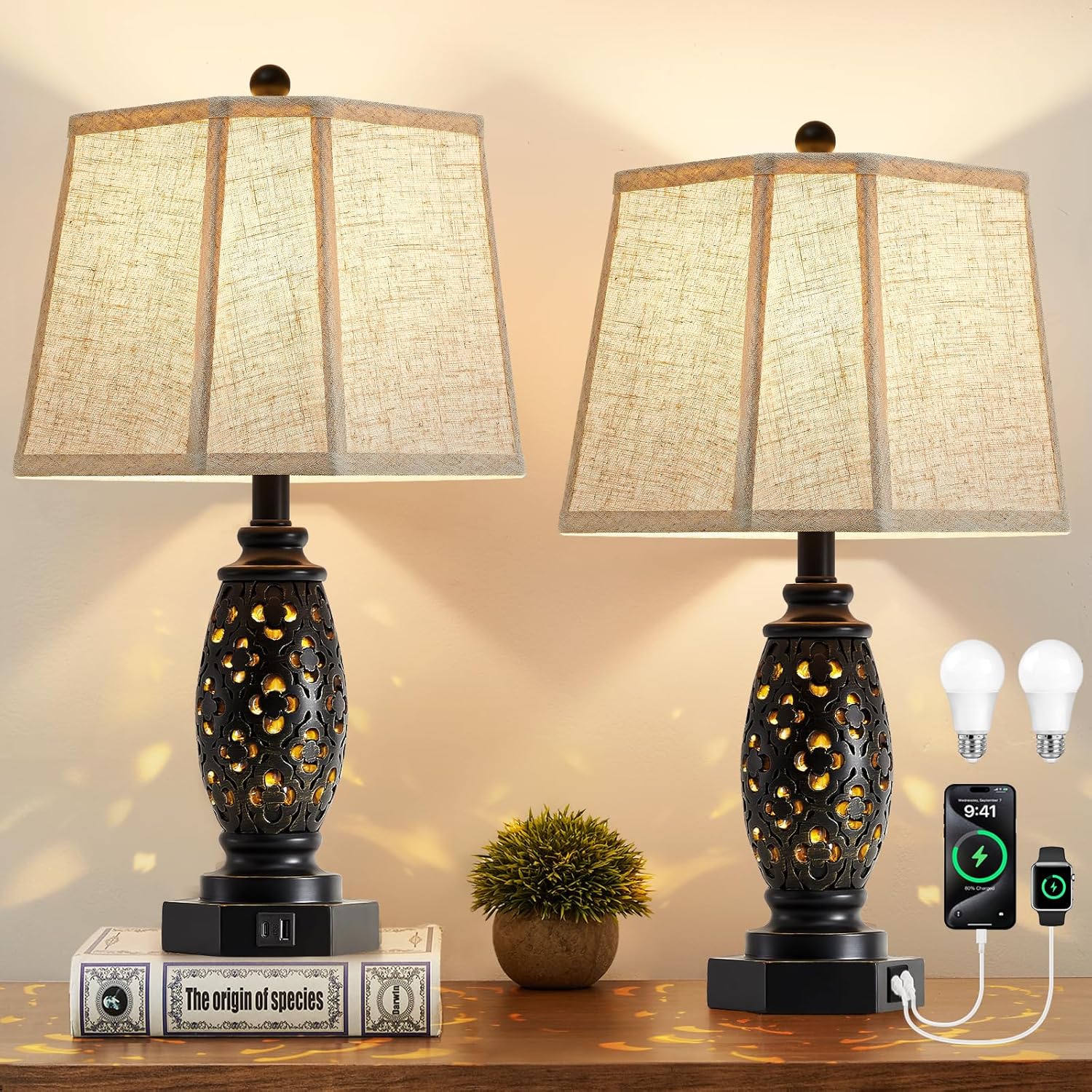 Table Lamps Set of 2-23.5" Vintage Bedside Lamp with USB A+C and Nightlight - Black Carved Resin Retro Desk Lamp for Bedrooms, End Tables, Living Room, Bulbs Included