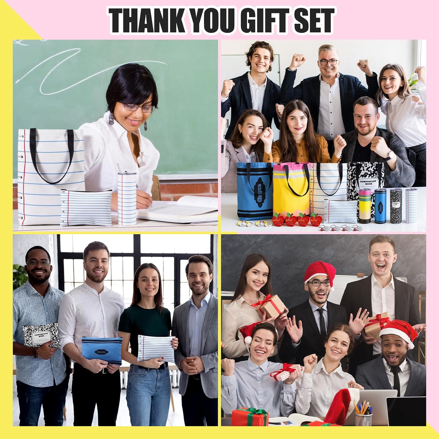 Sieral 32 Pcs Teacher Appreciation Gifts Bulk for Women End of Year Graduation Thank You Gifts for Teachers Set of 4 Tote Bag Cosmetic Bag 20oz Tumbler Socks Bracelet Keychain Card