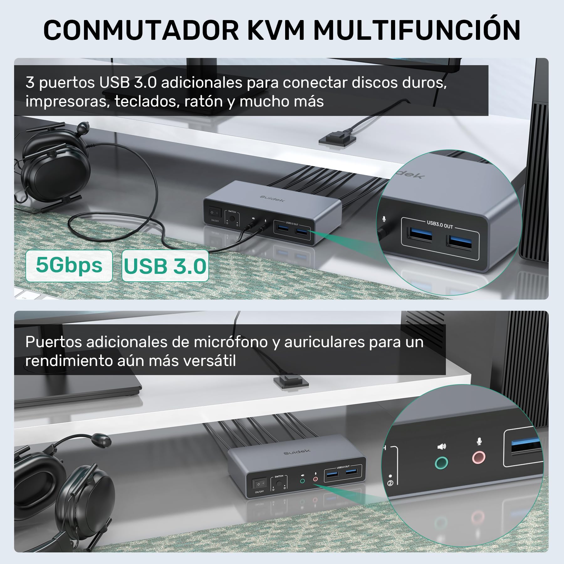 SUIDEK HDMI Displayport KVM Switch, 2 Computadoras 2 Monitores 4K@60Hz KVM Switcher Monitor Dual para 2 PC, 3 Puertos USB 3.0 Soporta Modo Extendido/Espejo con Controlador de Escritorio y 2 Cables USB