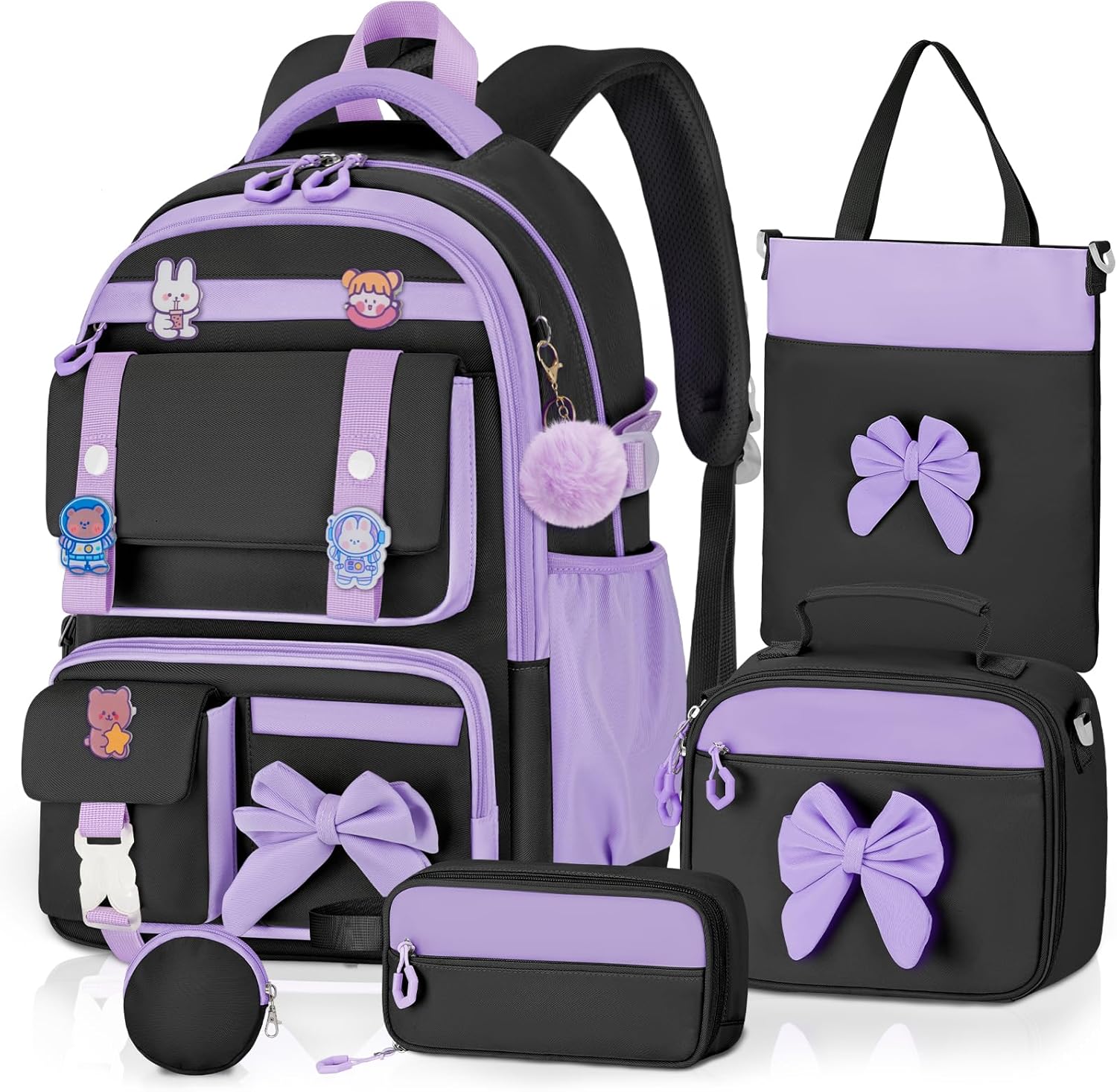 5pc Cute Girls Backpack with Lunch Box Set, Kawaii Aesthetic Bookbag, Kids Backpack for Teen & Elementary