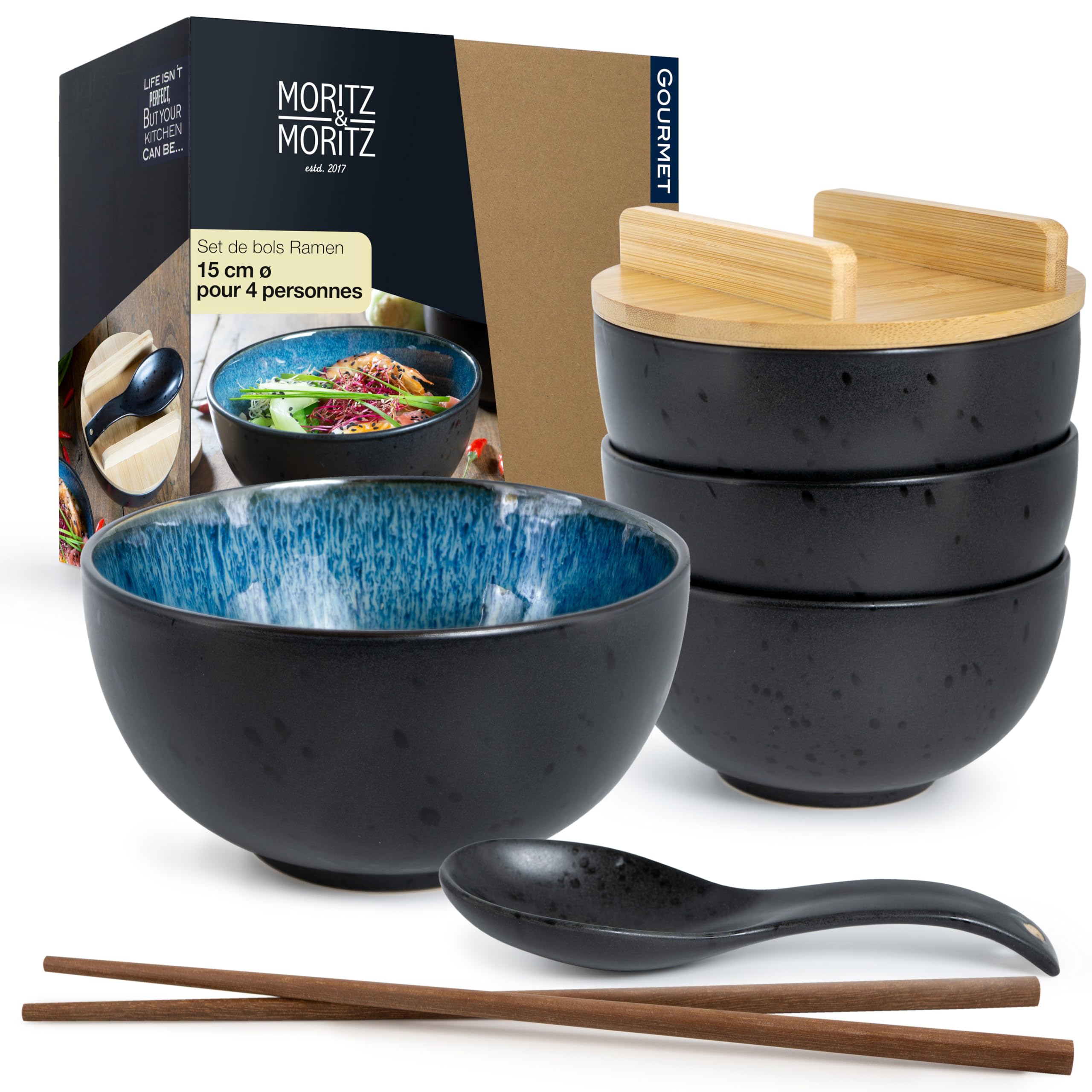 Moritz & Moritz SOLID 4x Set Ramen Bleu Réactif avec couvercle et cuillèreSet Ramen Bowl noir pour 4 personnes - Pour soupe, Pho et Sushi Bowl