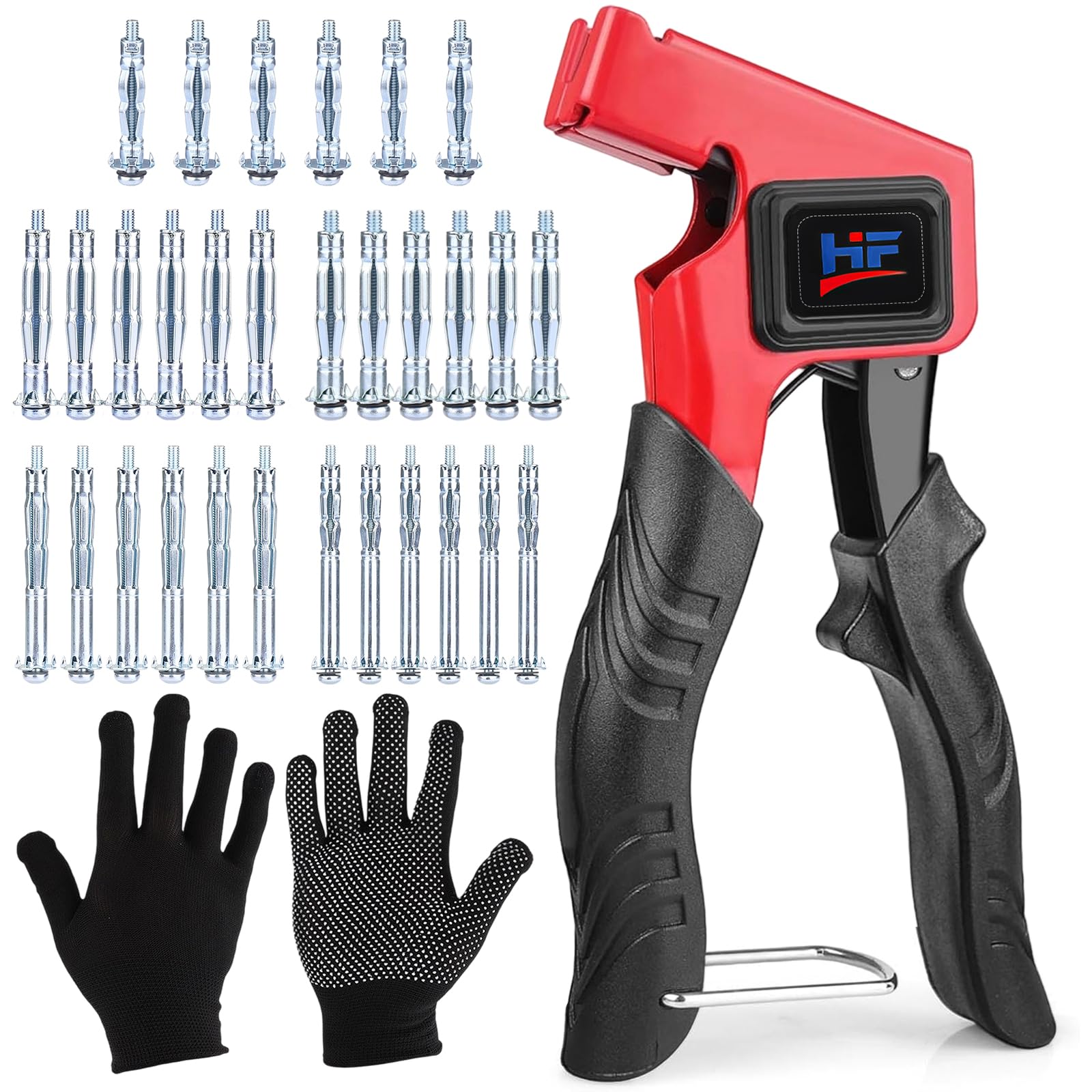 Kit de Anclajes de Pared Hueca, Herramienta de Ajuste de Metal Resistente con 30 Unidades en 5 Tamaños (M4/M5/M6) y Guantes de Trabajo, Ideal para Pladur, Paredes Huecas y Madera Contrachapada