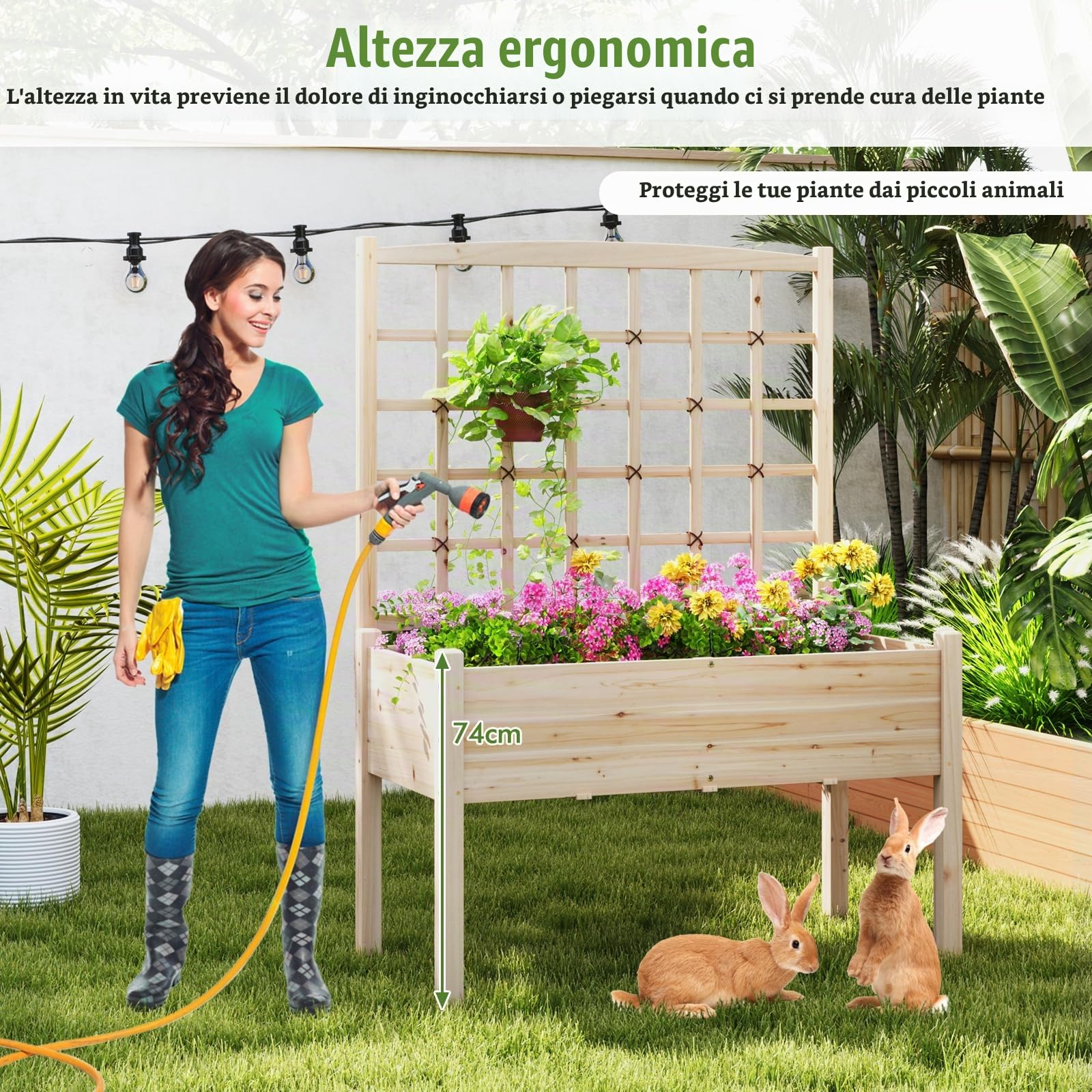 HOMASIS Letto Rialzato con Grigliato da Giardino in Legno, Fioriera da Esterno con Fori di Drenaggio, Vaso per Piante Rampicanti, Verdure, Fiori, Erbe, 119 x 60 x 117 cm