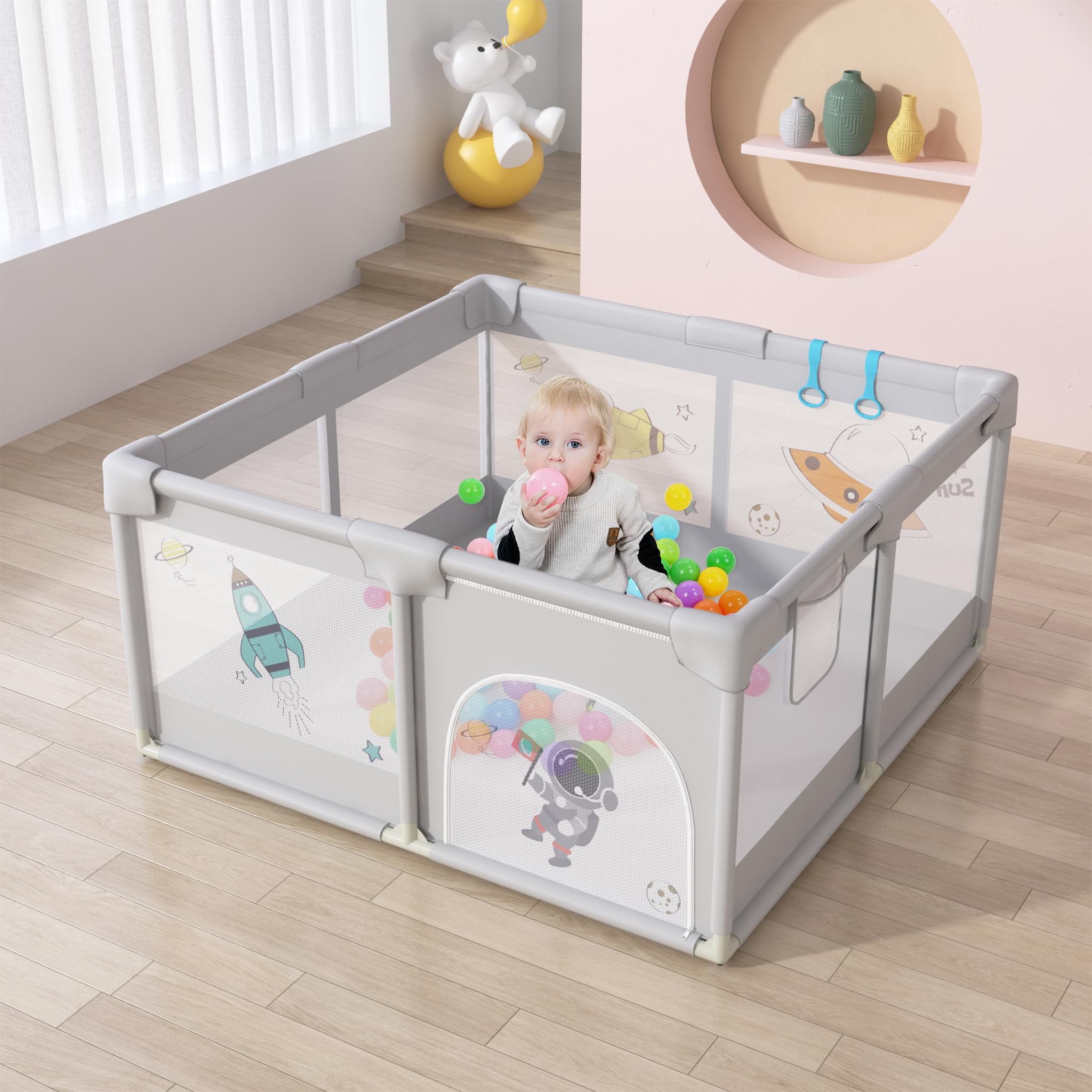 UISEBRT Laufstall Baby 127x127cmLaufgitter für Baby mit 50 Ocean Bällen & 4 Zugringen & Tragetasche, Faltbar Laufgitterzelt mit Atmungsaktivem Netz für Kinder, Grau mit Astronautenmotiven