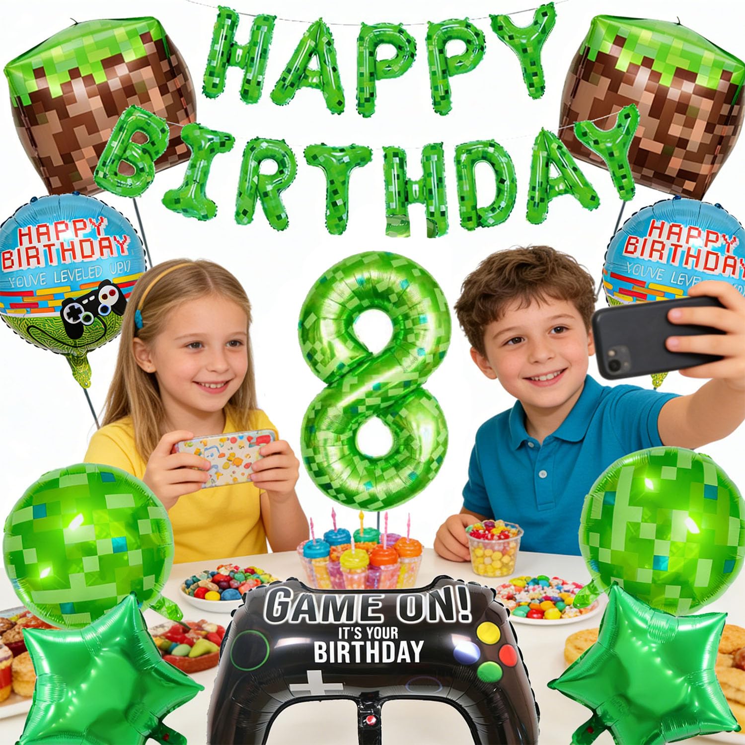 25 sztuk balonów na przyjęcie urodzinowe, gra pikselowa, zestaw gier z banerem "Happy Birthday", balon foliowy z cyfrą 102 cm, balony blokowe z trawą, balon z gamepadem dla dzieci, chłopców