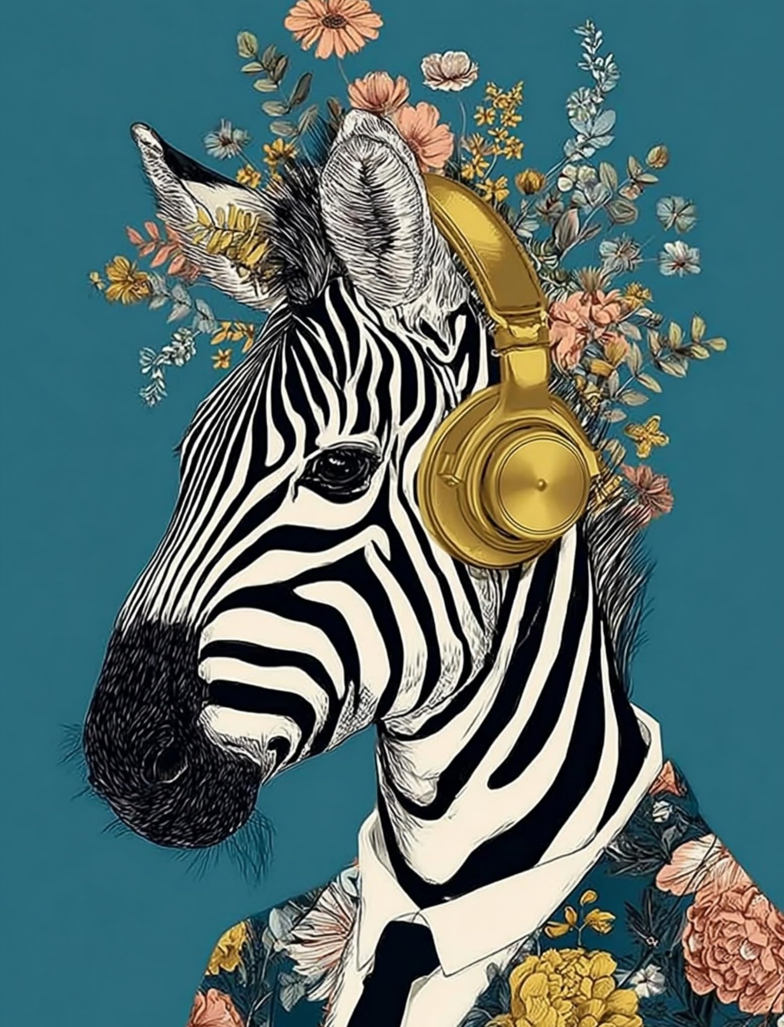 WANGWANGMIAO Paint by Numbers Kit for Adults,Zebra Wearing Headphones Listening to Music, DIY Painting with Brushes & Acrylic Pigment, 16x20 Inch, Home Decorations Gift，with Frame