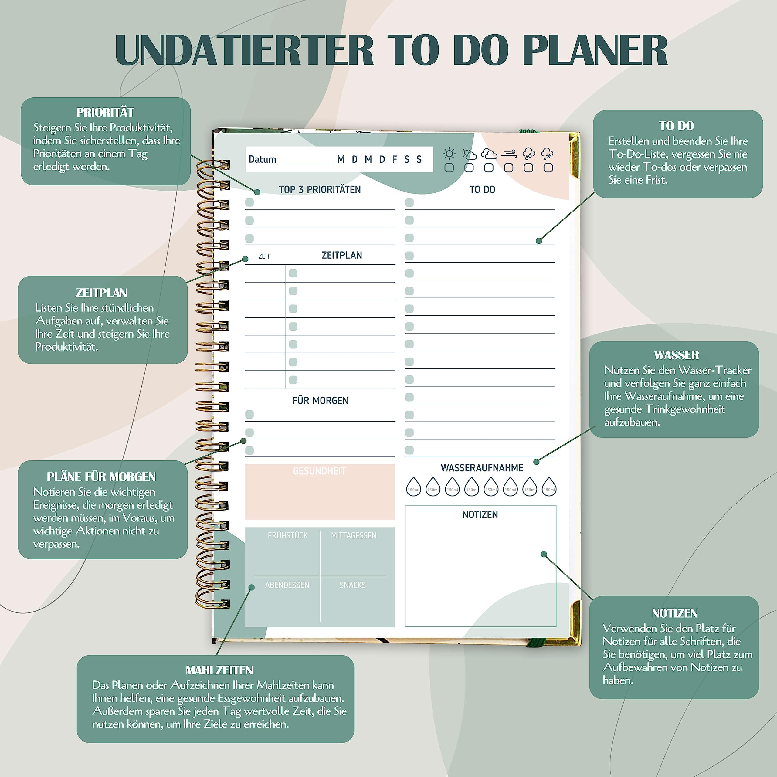 Biroyal Daily Planner Undated, Notebook with To Do List, Task List, Diary Spiral Pad, 120 Pages, 148 x 210 mm, Notepads - Image 2