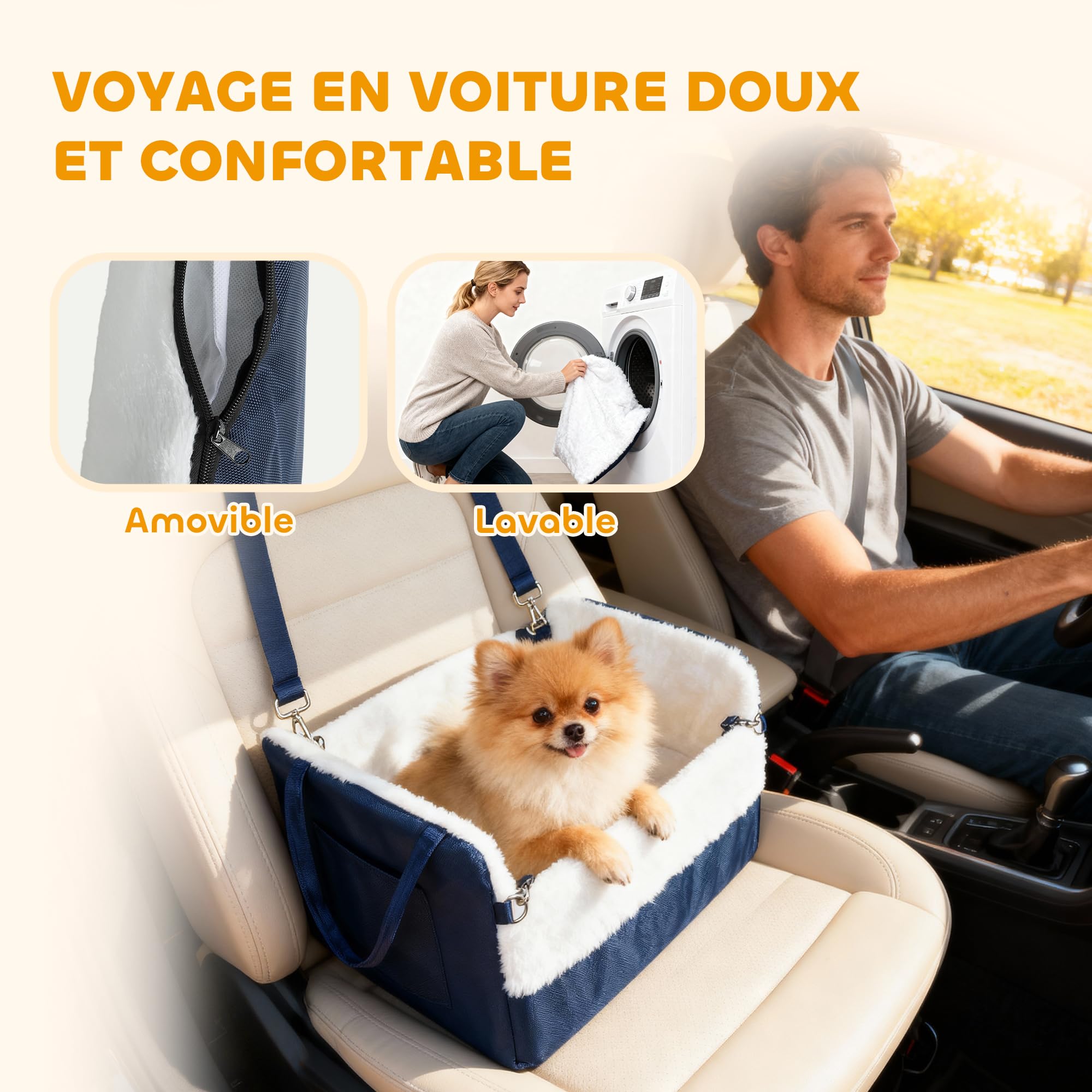 PawHut Asiento de Coche para Perros con cinturón de Seguridad y fijación, Asiento de Coche para Perros con Base Antideslizante portátil hasta 5 kg, cojín extraíble Cesta de Coche para Mascotas, Azul | Fijación, asiento de coche para perros, base antidesli