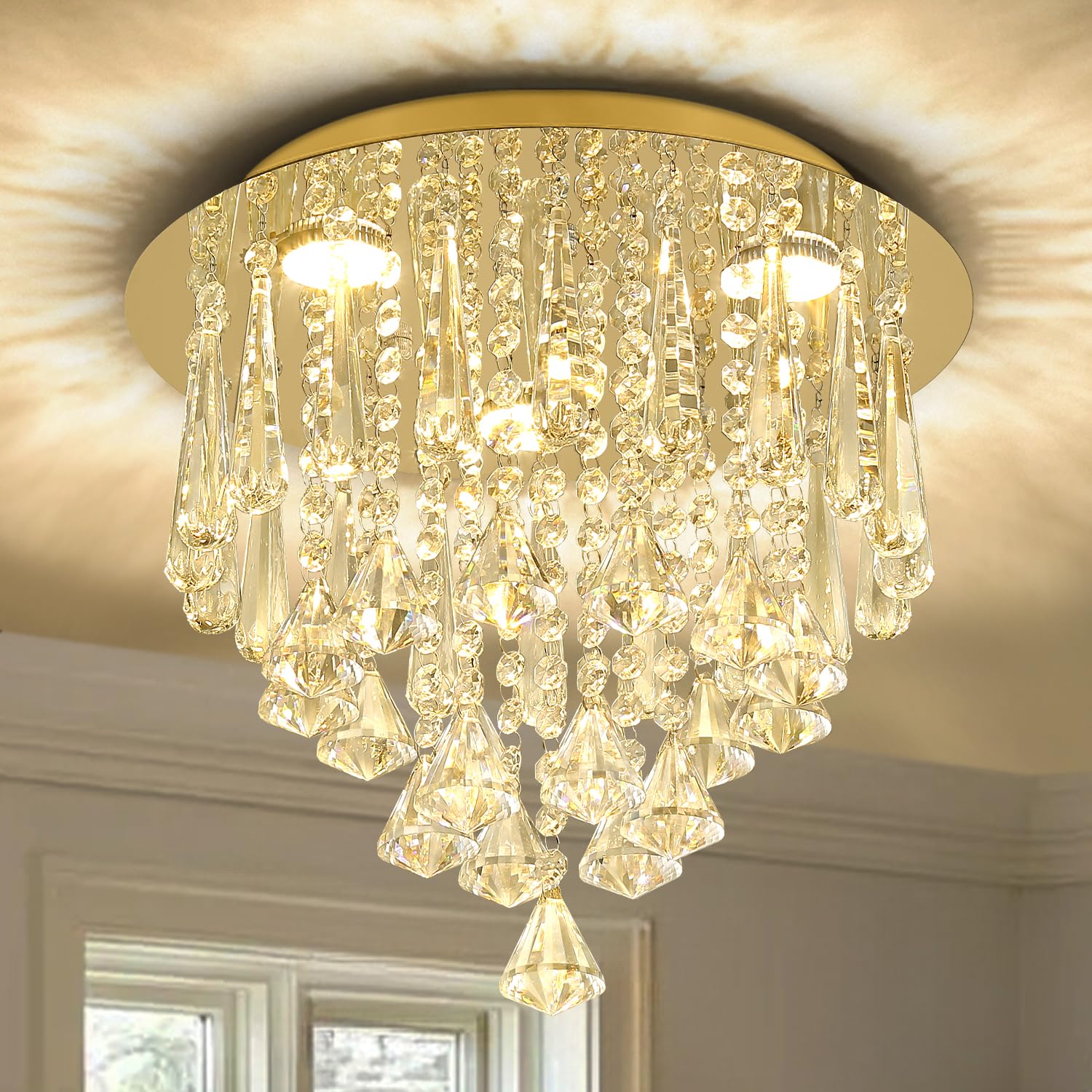 WOSOHYUN 14" Modern Gold Crystal Chandelier 3 Rings LED Ceiling Light Semi Flush Mount Crystal Ceiling Fixture for Bedroom Living Room Dining Room (