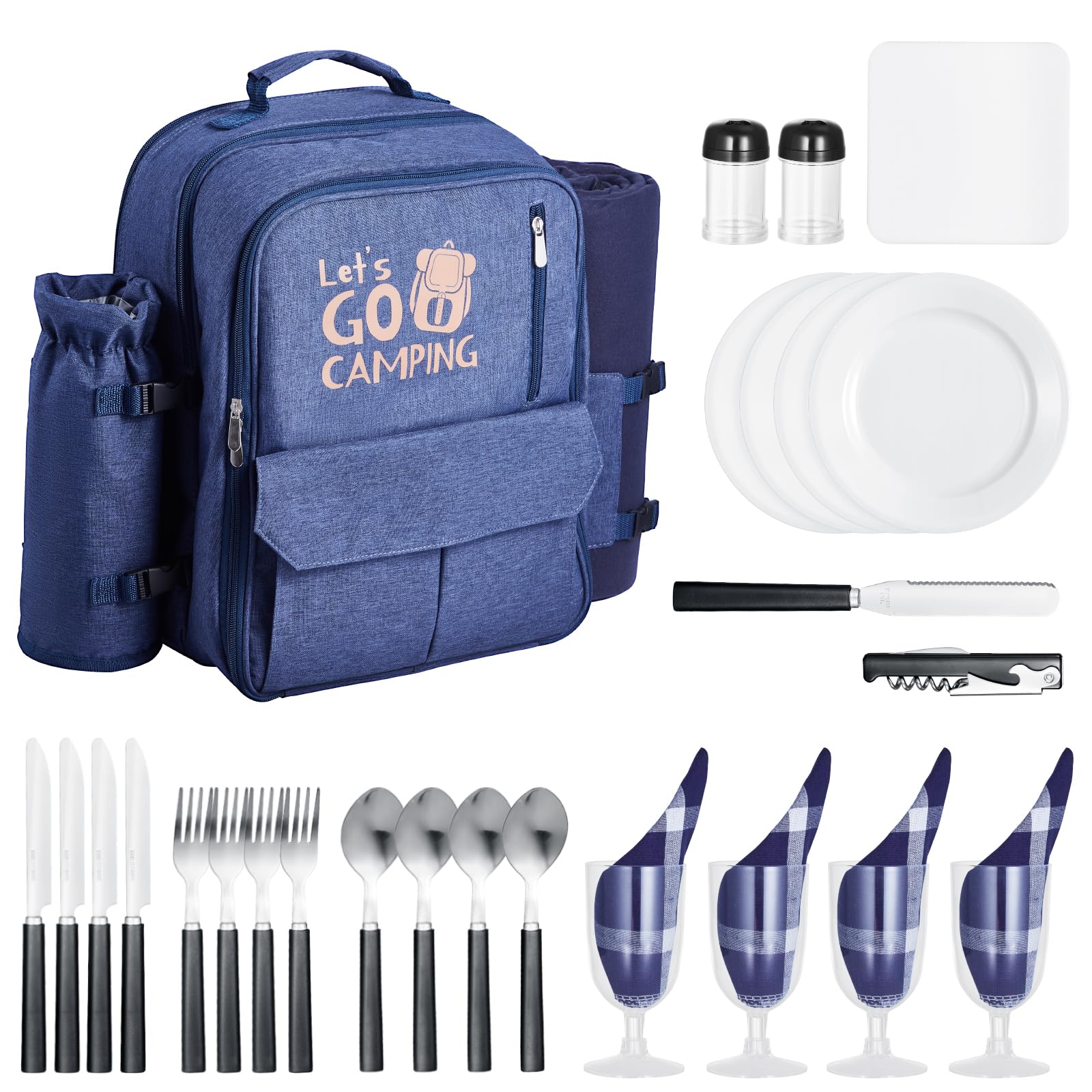 VEVOR Zaino da Picnic per 4 Persone, Capacità di 20 L Borsa da Picnic da Spiaggia con Portabottiglie Vino Staccabile, Coperta Leggera, Piatti e Sei di Posate per Esterni, Blu Marino