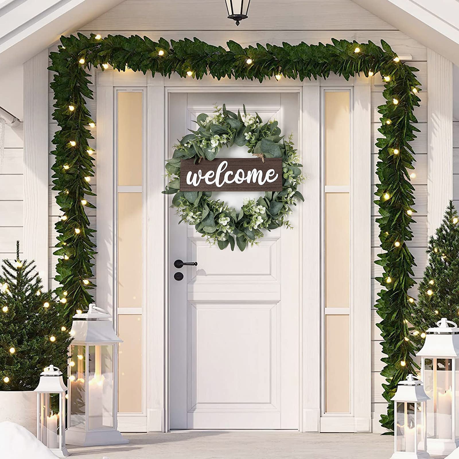 Ghirlanda di Eucalipto Artificiale 40 cm Ghirlanda per Porta d'ingresso Corona di Benvenuto Pianta Artificiale per Porta da Parete per Soggiorno Matrimonio Primavera Decorazione di Casa