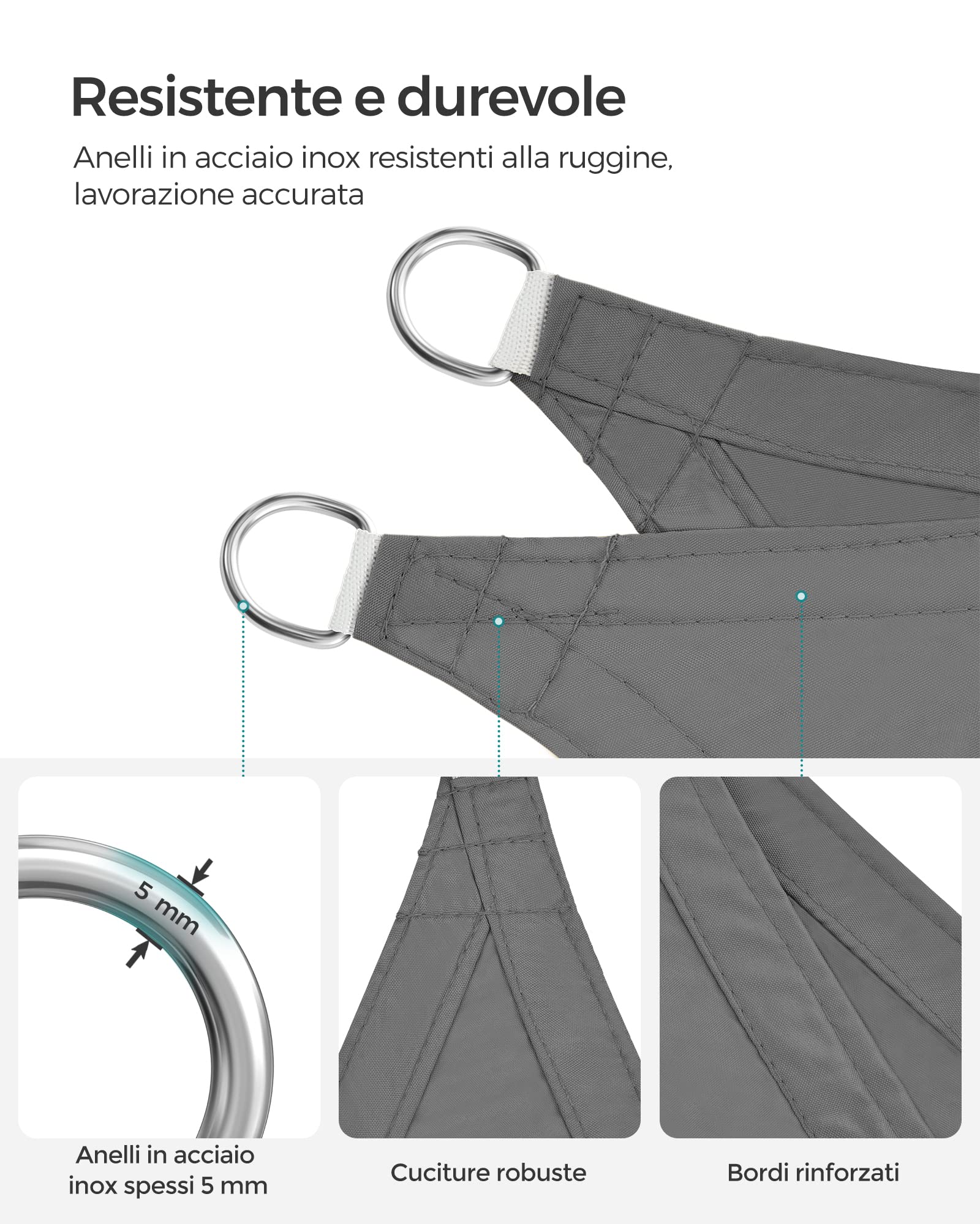 SONGMICS Vela Parasole 3 x 4 m, Impermeabile con Colonna d'Acqua 665 mm, Tenda da Sole Poliestere Antistrappo, Anti UV 93%, Terrazza Giardino Balcone, Rettangolare, Corde 2 m, Grigio Fumo GSH34GYV1