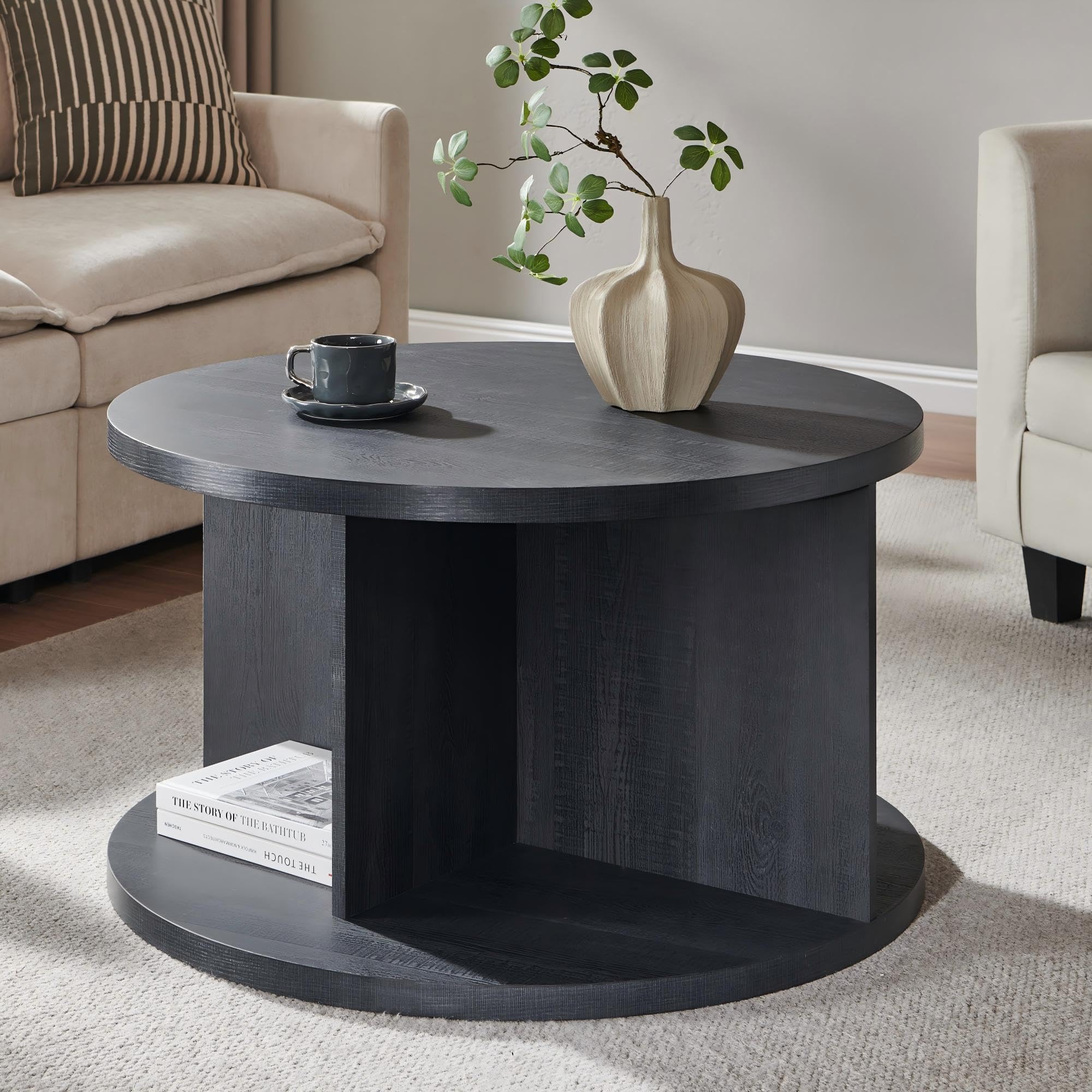 JXQTLINGMU Round Coffee Table for Living Room 32 Modern Center Table with Cross Support Structure Open Storage Cubby