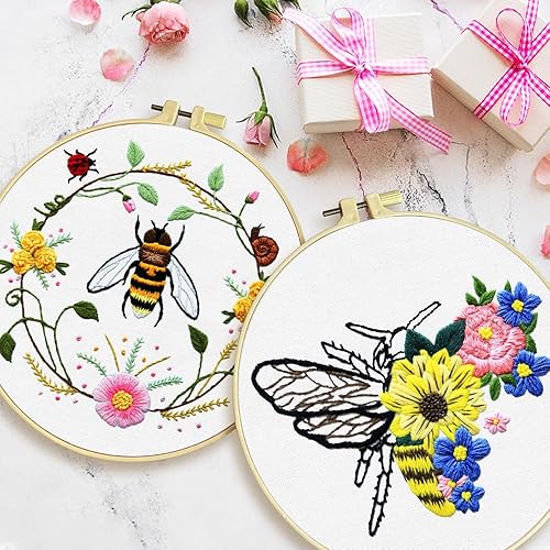 Miniatura 4 de ERKOON Juego de 5 juegos de bordado para principiantes, juego de costura práctico para manualidades de arte, patrones de abejas y flores, kits de