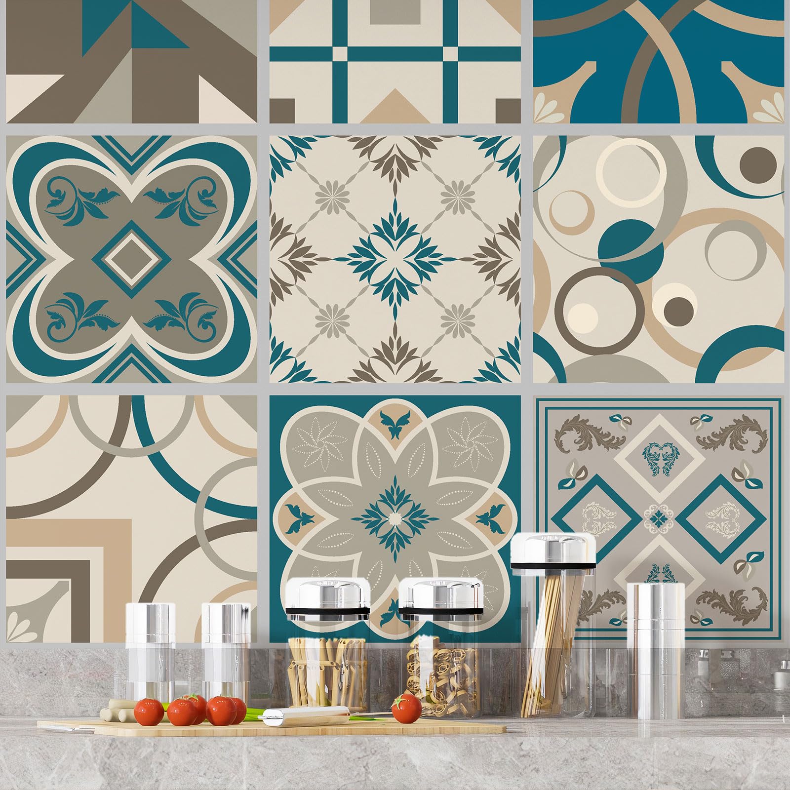 Lumalea Adesivo per cucina, effetto piastrelle di cemento, 3617681456216, adesivo + protezione lucida, 90 x 90 cm