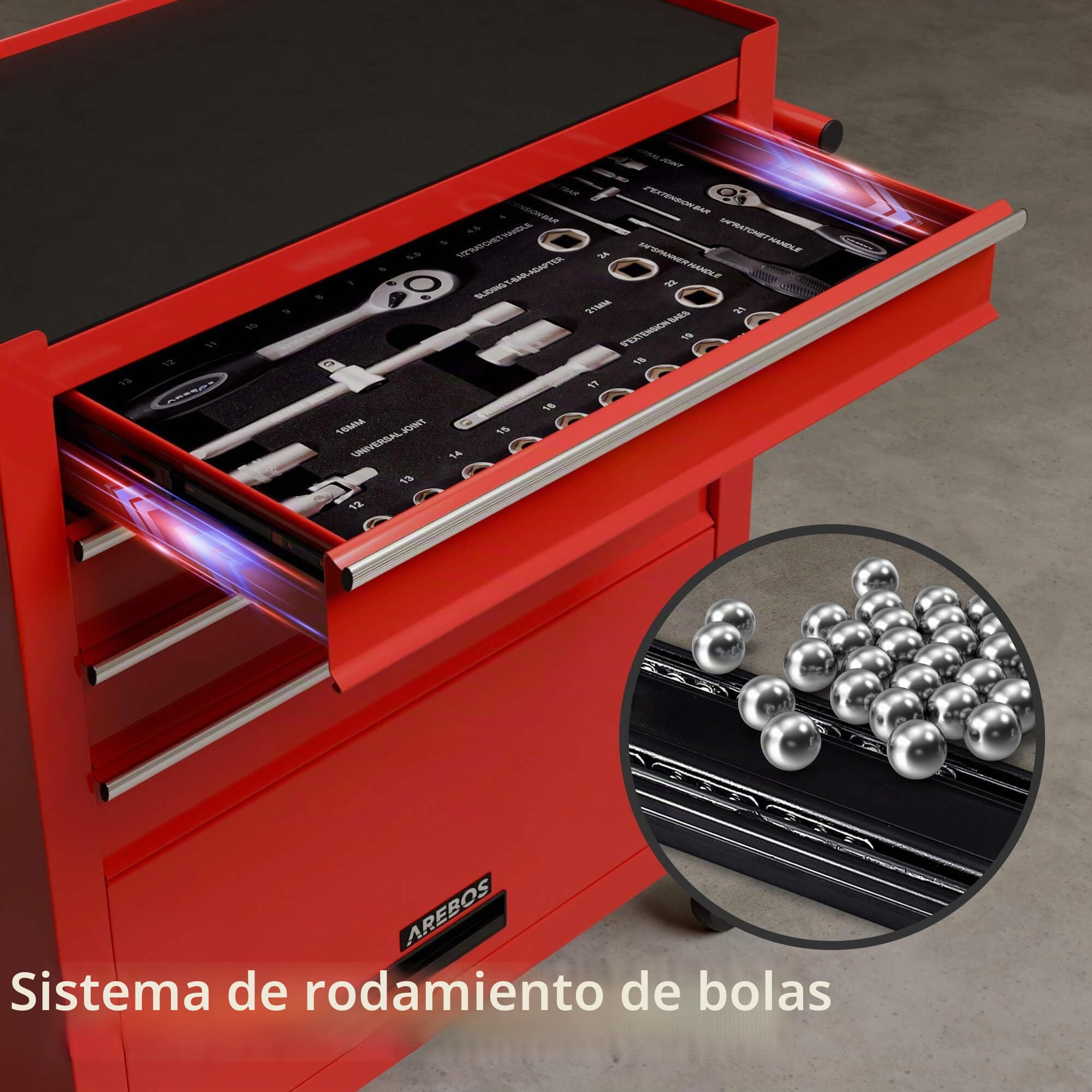 Arebos Carro de Taller con 4 Compartimentos | Incluye 81 Herramientas, Carro de Herramientas Equipado | Alfombrillas Antideslizantes | 2 Ruedas con Freno de estacionamiento | Rojo