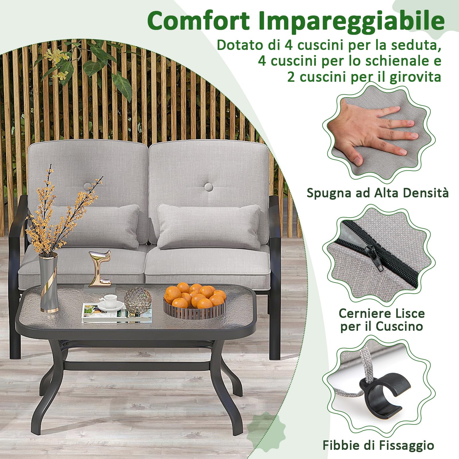 GYMAX Set di Mobili, 1 Tavolino in Vetro Temperato, 2 Poltrone e 1 Divano, Telaio in Metallo, con Cuscino, Aspetto Moderno per Soggiorno, Giardino, Grigio (Grigio)