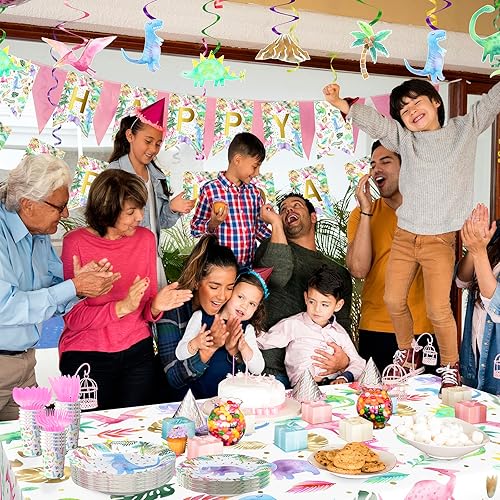 Miniatura 7 de Juego de vajilla de fiesta de dinosaurio de acuarela para niña, suministros para fiesta de cumpleaños de dinosaurio rosa, incluye platos para tartas