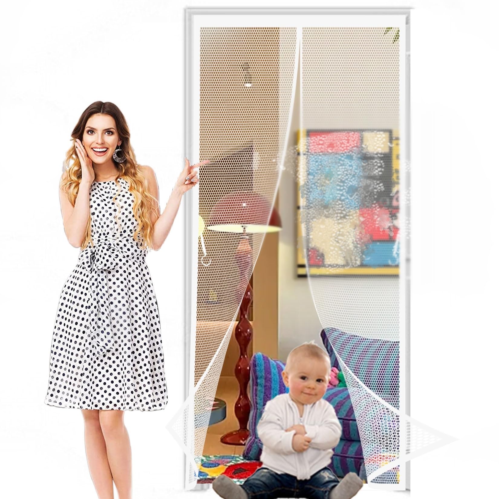 Magnetic Fly Insect Screen Door 169 x 178 cm Frame Hook & Loop, Powerful Magnets Screen Mesh Curtain Heavy Duty, Lets Fresh Air for Keeping Out Flies, White
