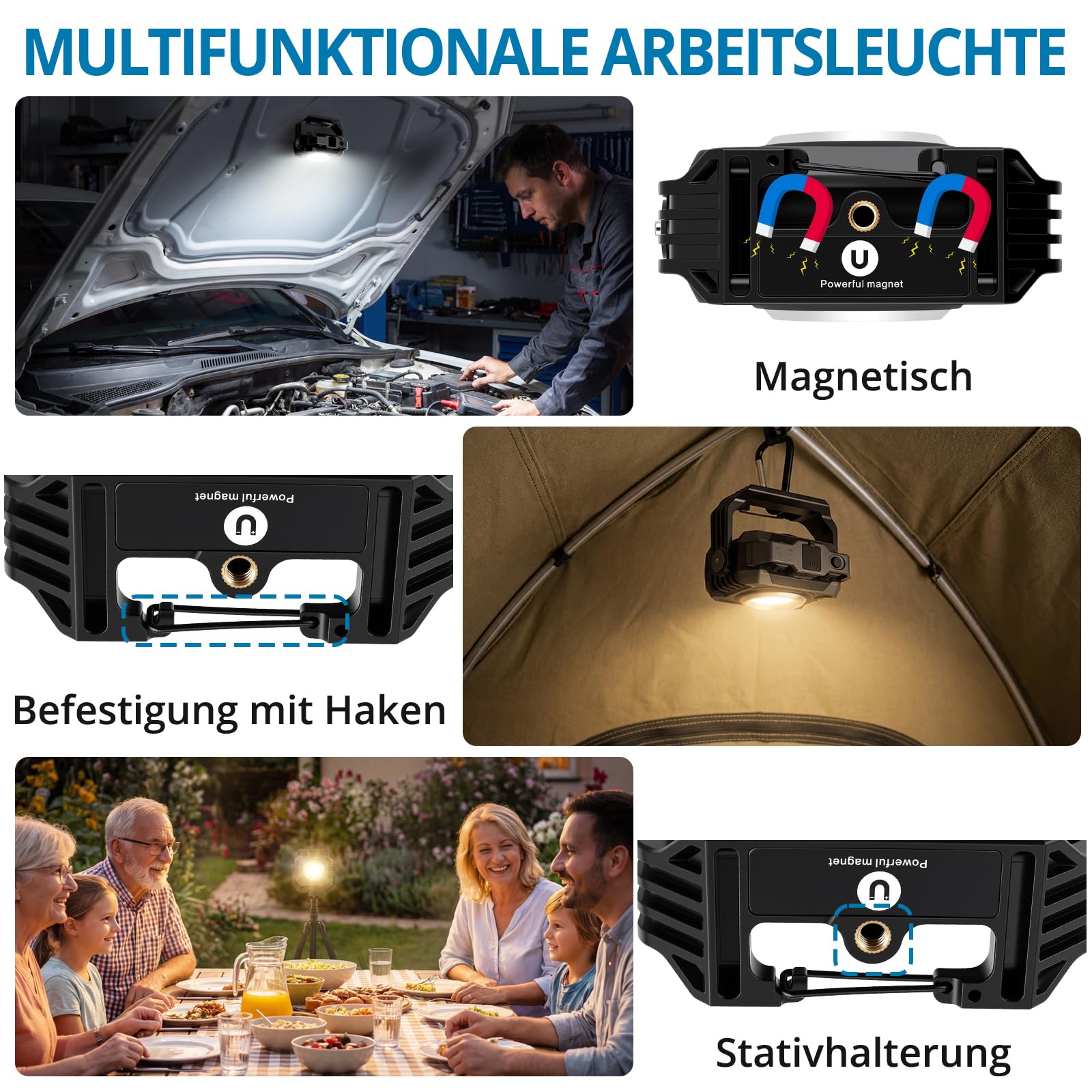 AUTOUTLET LED Arbeitsleuchte, 1500LM Campinglampe Powerbank Akku Lampe 5000mAh, 3 Lichtmodi - Flutlicht/Scheinwerfer/Rotlicht, IP65 Wasserdicht, Magnet & 360° Drehbar, für Werkstatt Camping(2 Stück)