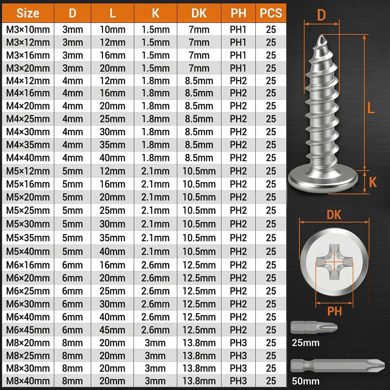 Viti M5 mawmuaw, viti per legno in acciaio inox A2 V2A, confezione da 25 pezzi M5x16 mm, viti a testa piatta con testa a croce, viti autofilettanti a filetto pieno, viti autofilettanti per legno