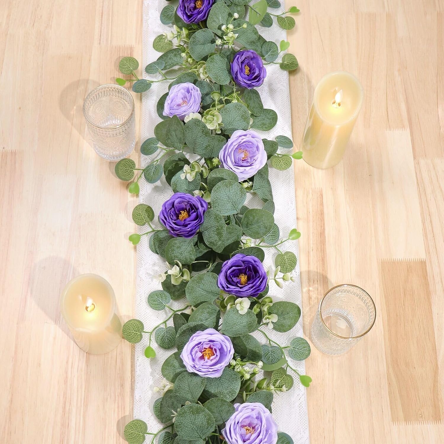 TOCHGREEN 2 Pack 13Ft Artificial Eucalyptus Flower Garland with Purple Roses, Fake Rose Flower Greenery Garland Floral Vines for Wedding Home Party Table Runner Decor (Purple, 2PCS) 2PCS Purple
