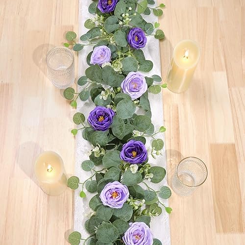 Miniatura 62 de TOCHGREEN 4 Pack 24Ft Artificial Eucalyptus Flower Garland with Champagne Roses, Fake Rose Flower Greenery Garland Floral Vines for Wedding Home