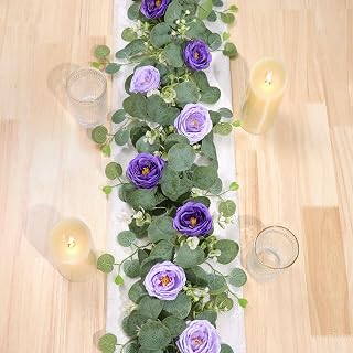 TOCHGREEN 2 Pack 13Ft Artificial Eucalyptus Flower Garland with Purple Roses, Fake Rose Flower Greenery Garland Floral Vines for Wedding Home Party Table Runner Decor (Purple, 2PCS)