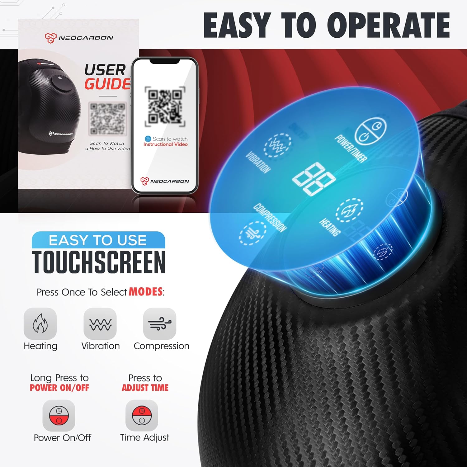 Close-up of the Neocarbon Wireless Knee Massager's LED touchscreen control panel with icons for heating, vibration, compression, power/timer, and time adjust.