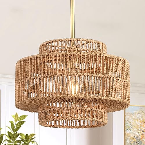 Miniatura 2 de Lámpara Colgante de Ratán de 12.4", Luminaria de Araña Boho de 1 Luz, Luminaria de Techo Colgante de Ratán Estilo Granja para Comedor, Sala de