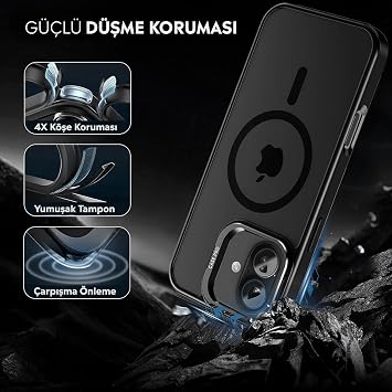 Babilden iPhone için Kılıf Kamera Korumalı Magsafe Wireless Şarj Özellikli Mat Şeffaf Renkli Standlı Lens Hediyeli Siyah iPhone 17