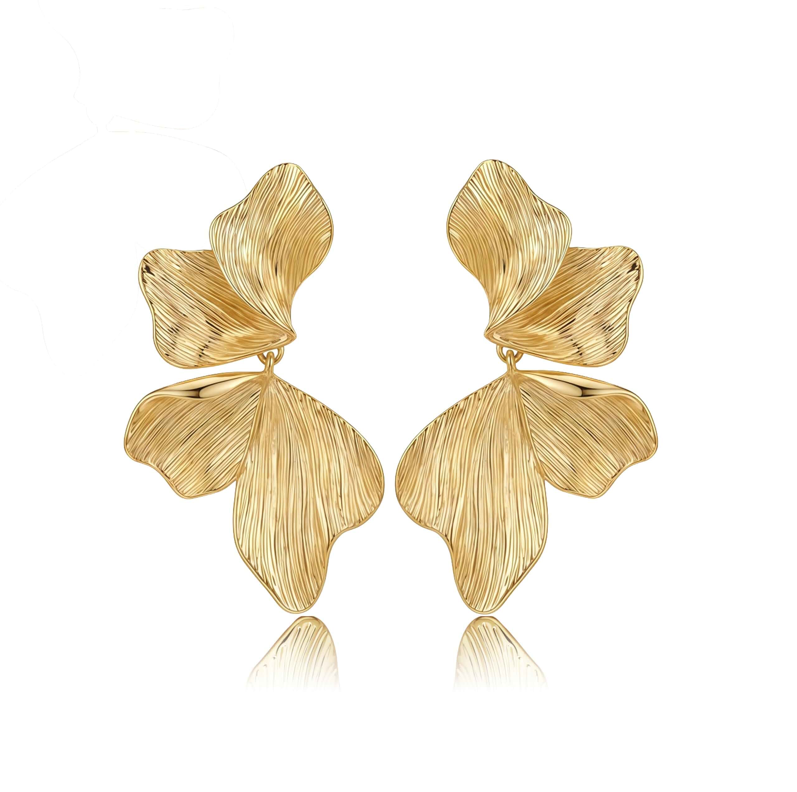Chunky Gold Plated Flower Statement Drop Earrings for Women Hypoallergenic 18K Gold Plated Textured Petal Wing, Large Statement Dangle Earrings for Wedding Party