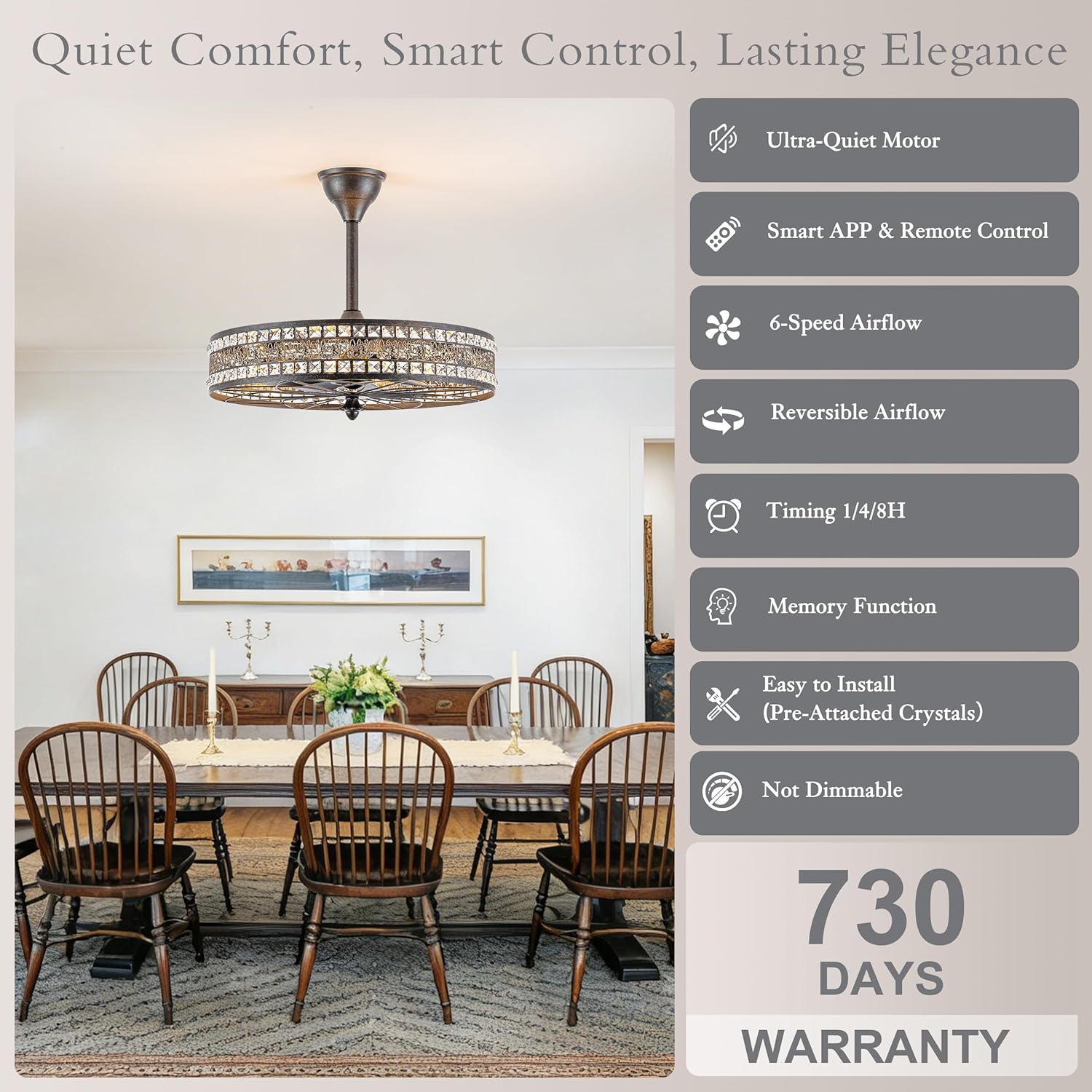 Art Deco Chandelier Light Fixture, 8-Light 24 Inch Large Unique Crystal Fandelier Ceiling Fan with Light, Transitional Art Nouveau Bladeless Enclosed Caged Pendant for Living , Dining , Bedroom