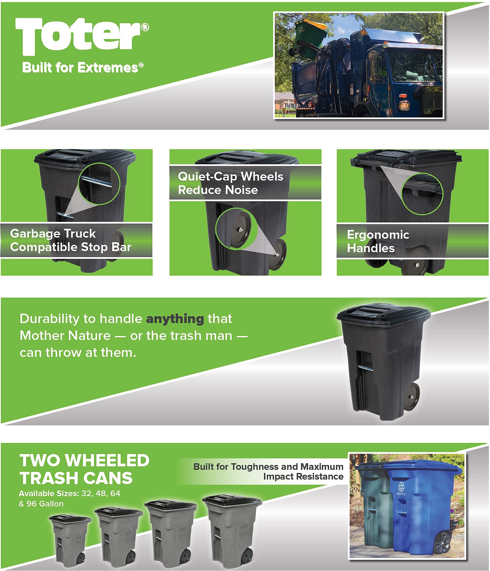 Toter 2-Wheel Trash Can with Lid - Greenstone, 48-Gallon