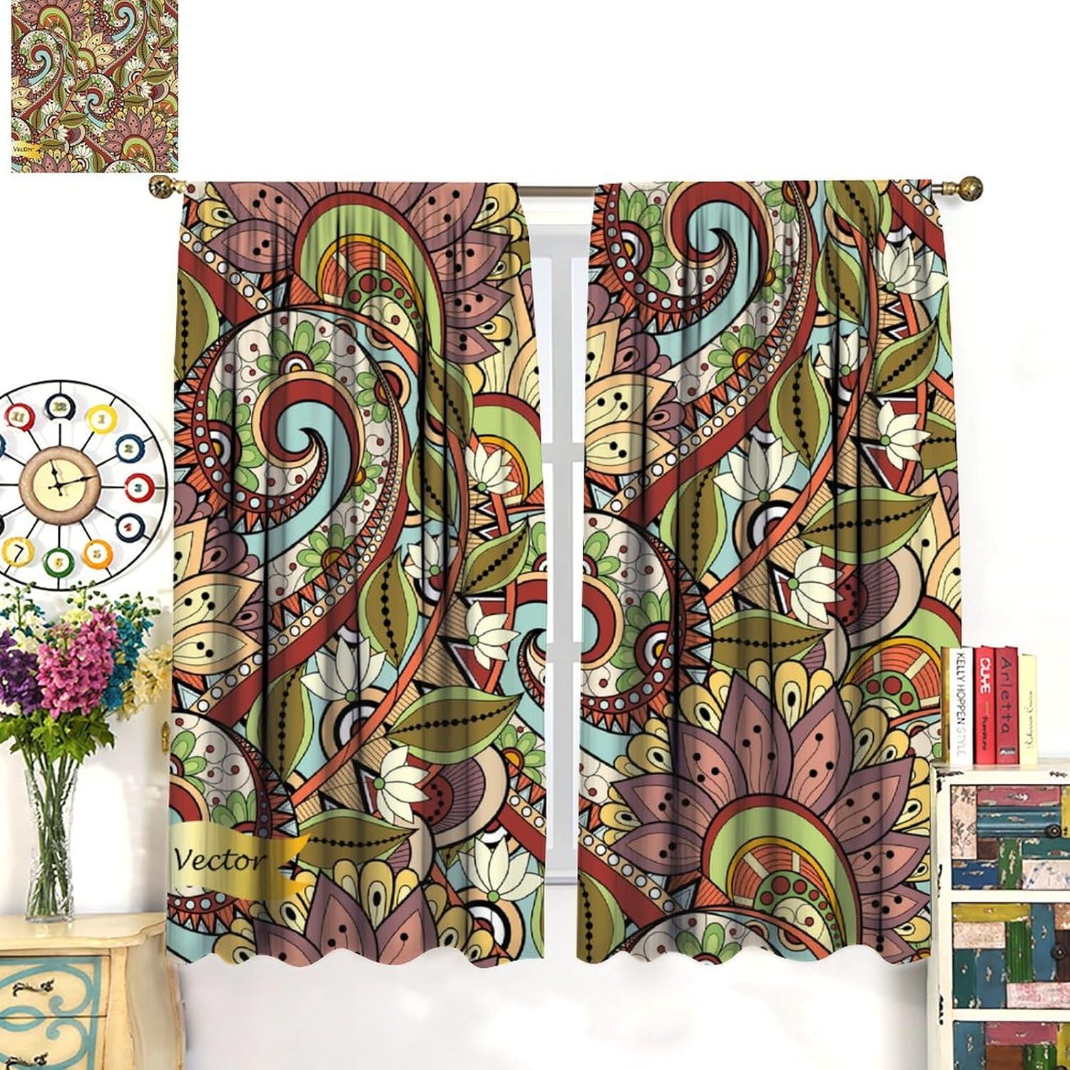 Boho Curtains，Bohemia Paisley Flower Pattern Print Rod Pocket Home Decor Curtain for Bedroom Kitchen Office Cafe Living Room Set 2 Panels,84x84 Inches