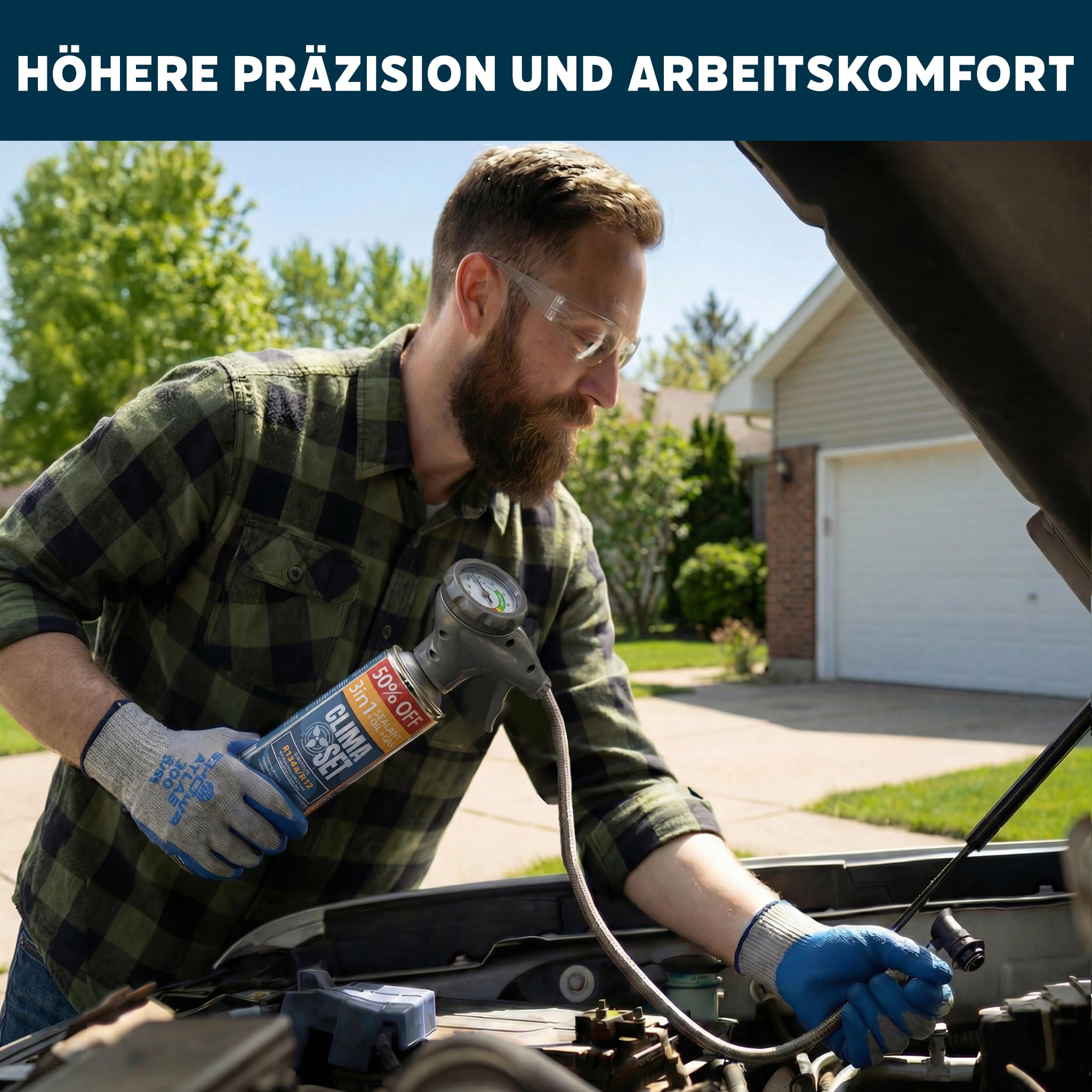 CLIMASET - Zestaw do Napełniania Klimatyzacji Samochodowej - Gaz&Olej R1234yf + Przewód spustowy + Adapter YF - dla Aut po 2016, z Wygodnym Nowoczesnym Przewodem z Manometrem