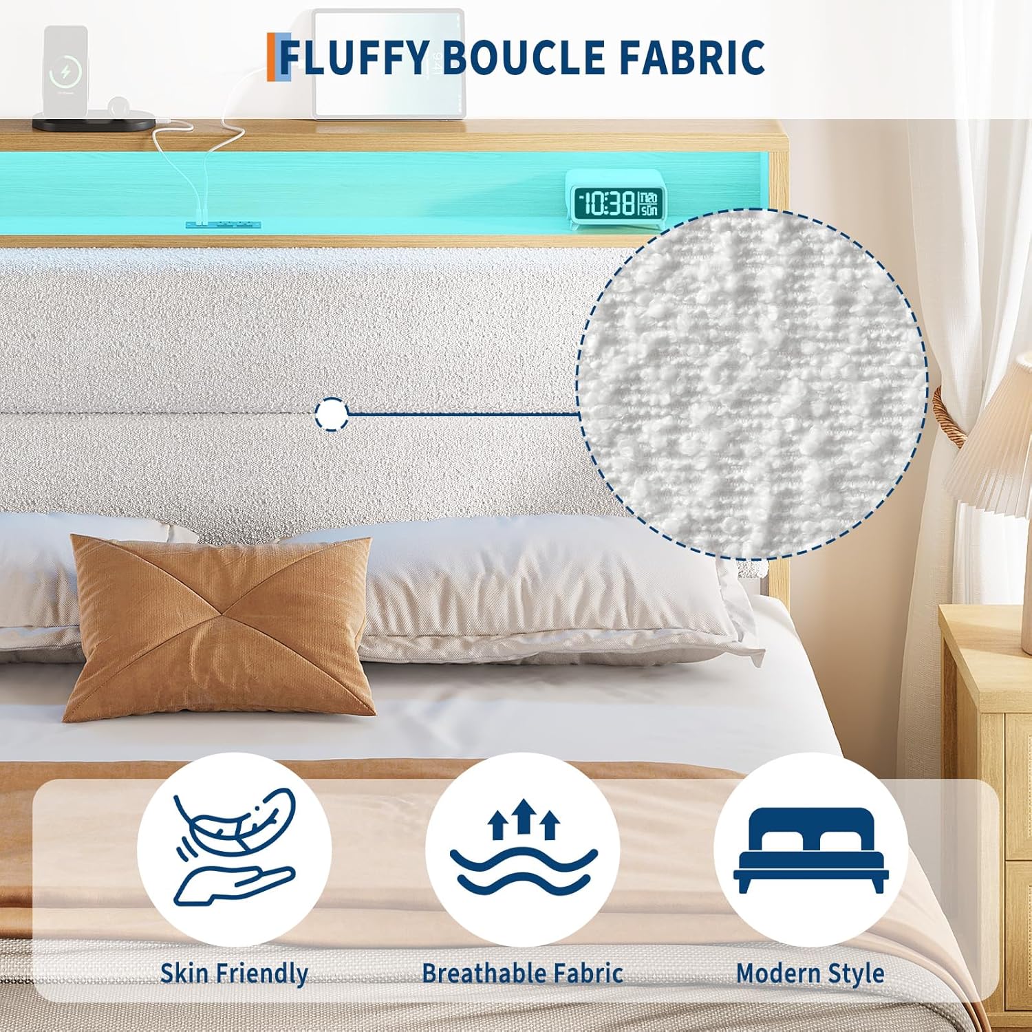 IDEALHOUSE Queen Size Bed Frame, Boucle Platform Bed Frame with LED Lights, Upholstered Headboard with Built-in Charging Station, No Box Spring Needed, Easy Assembly, White - Image 5