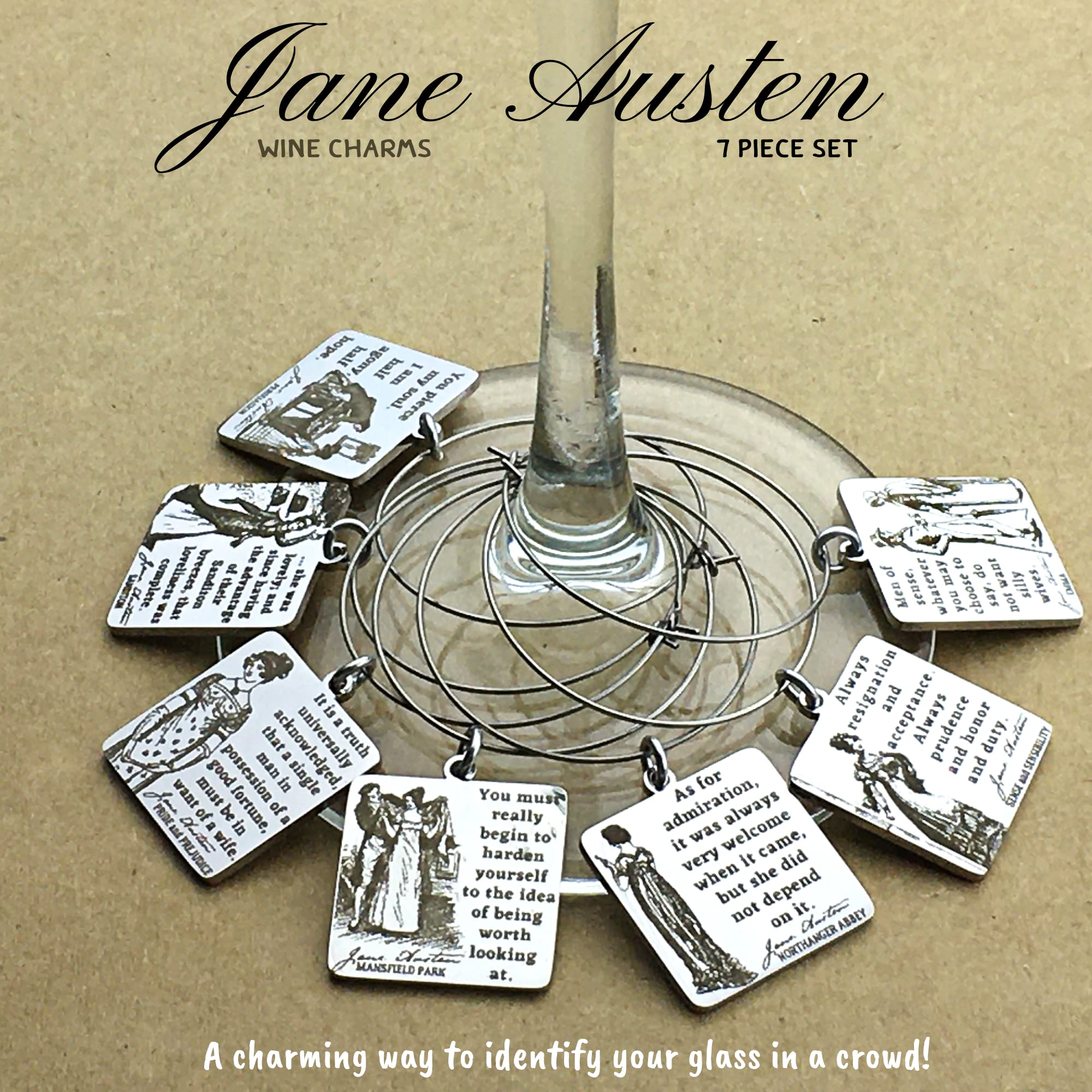 Jane Austen BOOK QUOTES Stainless Steel Wine Ring Hook Hoop Marker Charms