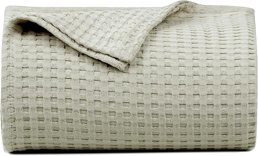 Tex Trend 100% Cotton Queen Size Waffle Weave Blanket - Lightweight, Breathable, Khaki, 90x90 Inches