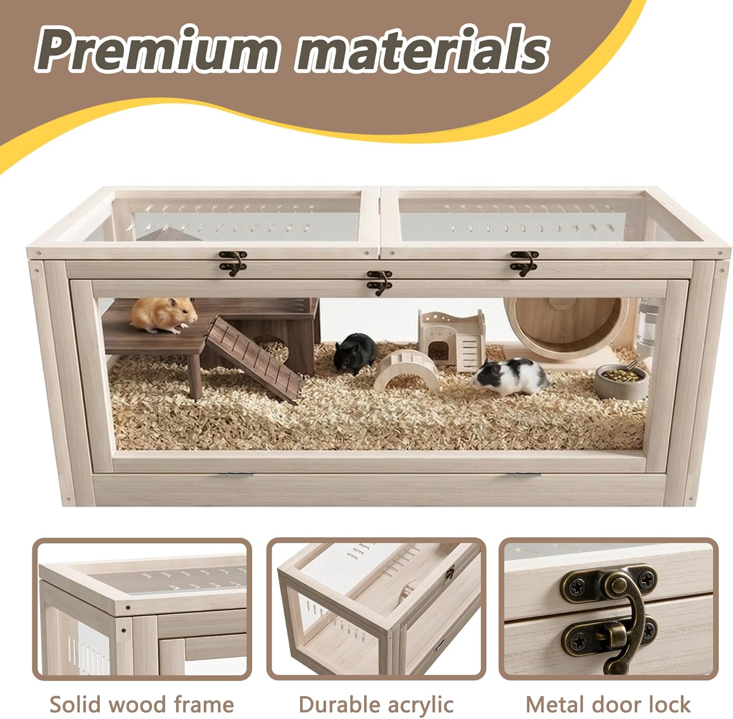 Wooden Hamster Cage with Small House and Bridge, Small Animal Habitat with Lockable Design, Openable Top and Front Doors for Gerbil, Guinea Pig, Rat, 32" L x 16" W x 16" H