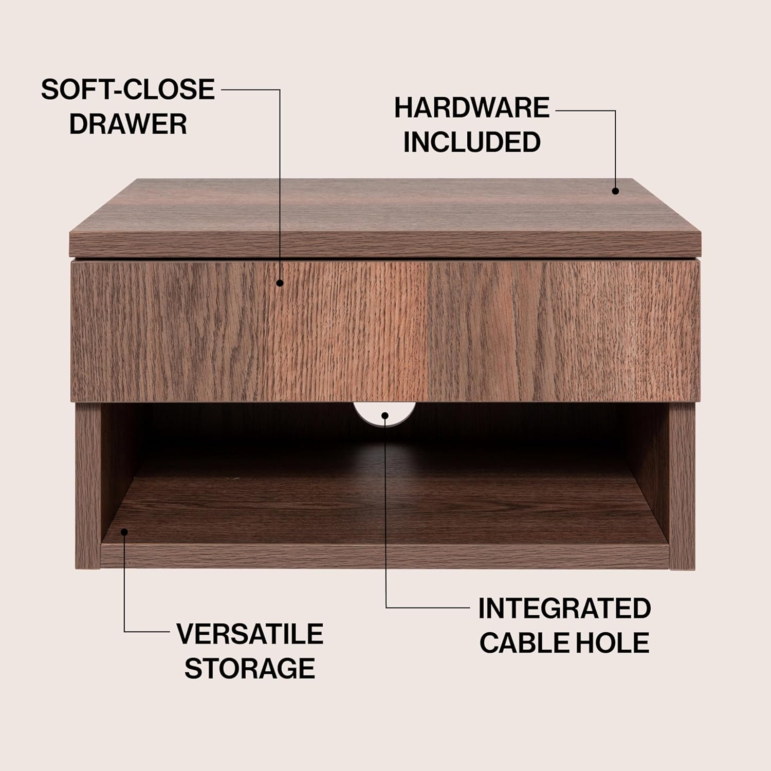JONATHAN Y Ettore 15.71" Mid-Century Modern Floating Wall Mounted Nightstand with Soft-Close Drawer and Cable Hole, Dark Brown (Set of 2) (NST2002A-SET2)