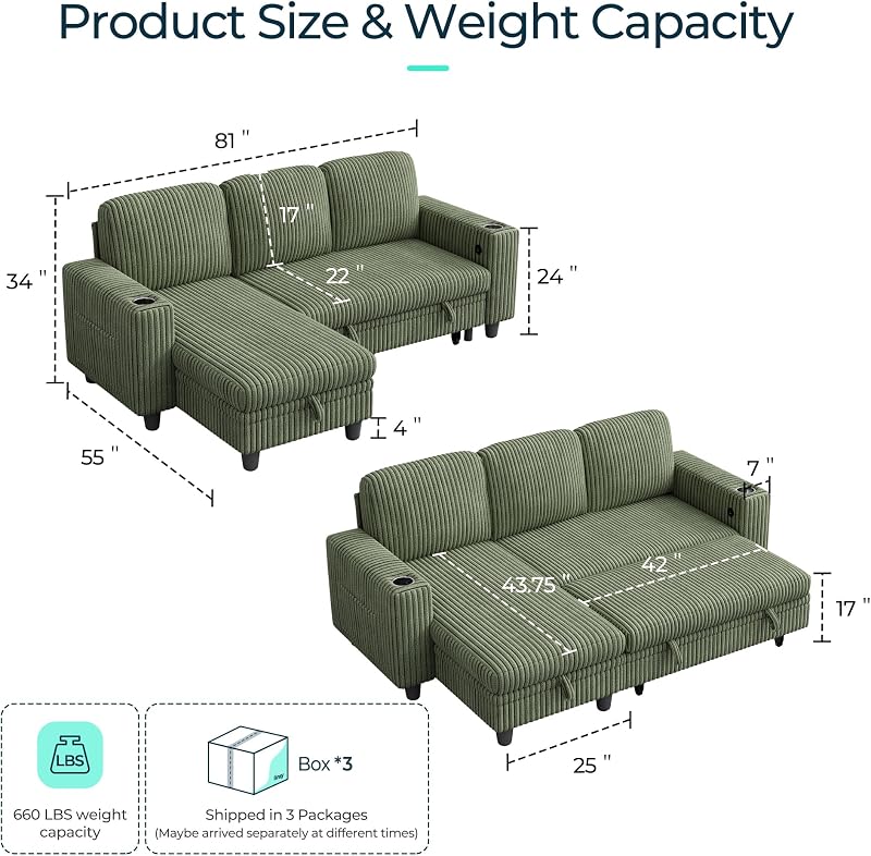 LINSY HOME Sectional Sleeper Sofa Couch with Storage Chaise & USB Charging, Plush Corduroy Convertible Pullout Sofa Bed, Modular Sectional Couches for Living Room Bedroom (Green, 81'' L-Shaped Sofa) image 2