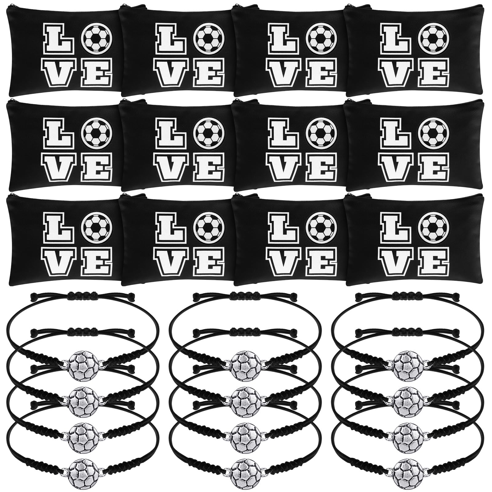 Sweetude 24 Pcs Soccer Gifts Bulk 12 Adjustable Bracelets and 12 Makeup Bags Soccer Accessories Gift Bag Stuffers for Team Players Travel Charms