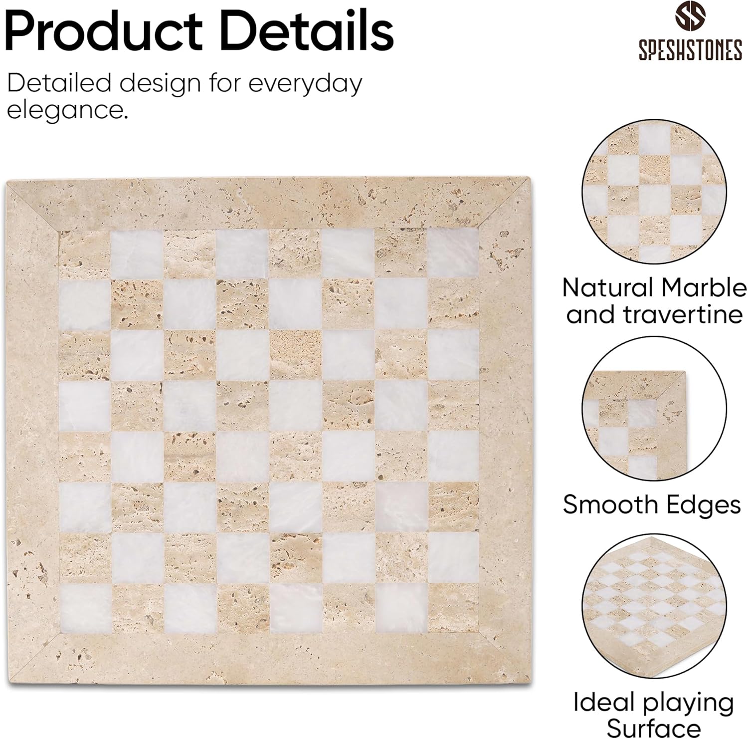Marble Chess Board 15 Inch Handmade Travertine and White Stone Luxury Board Games for Adults - Ideal Marble Chess Board for Gifts, Travel, Tabletop Play & Home Decor