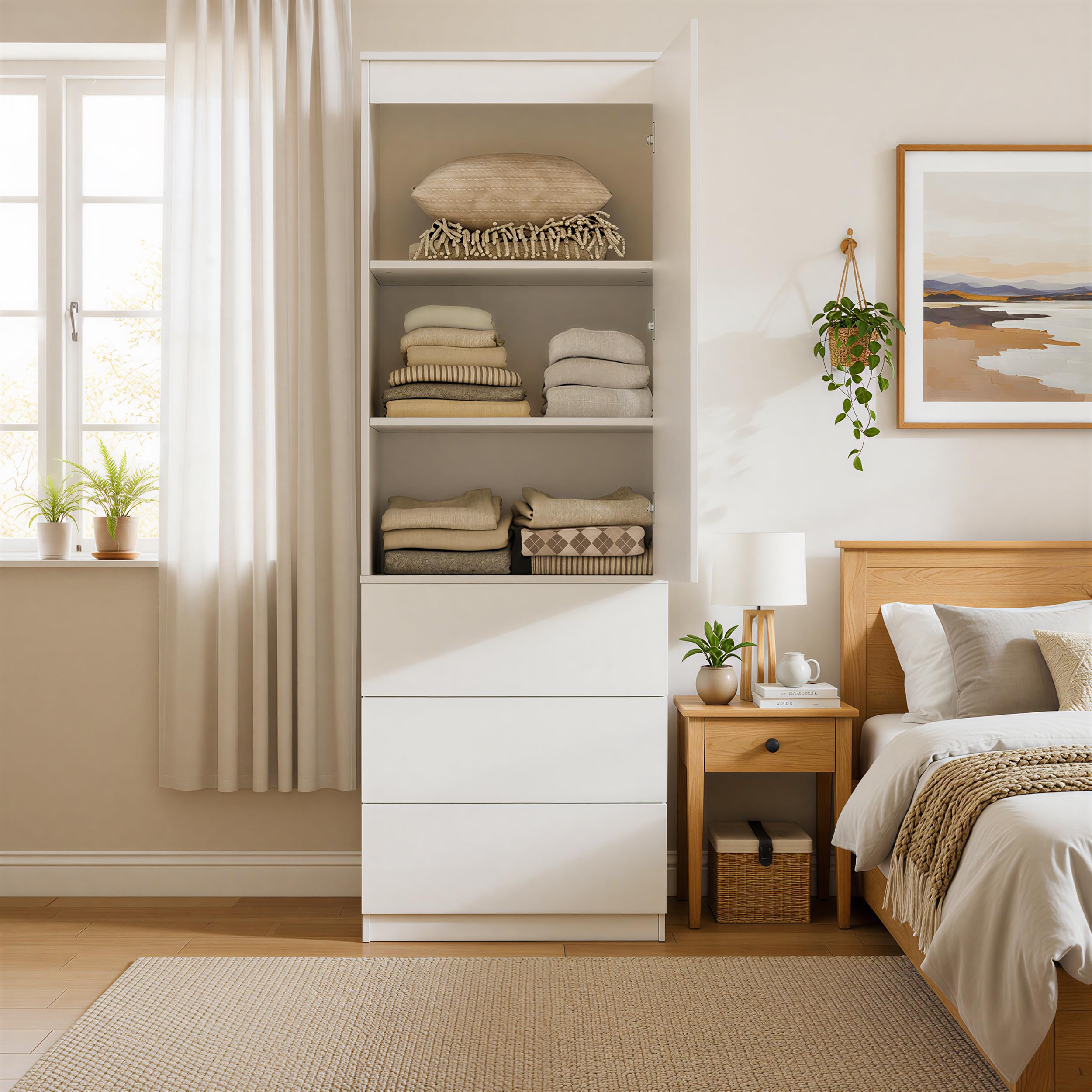 Kleiderschrank mit Spiegel Mehrzweckschrank mit 3 Einlegeböden & 3 Schubladen Garderobenschrank Klein Schlafzimmerschrank 50CM Breit Universalschrank SchmalerSchrank für Schlafzimmer Flur Arbeitszimme