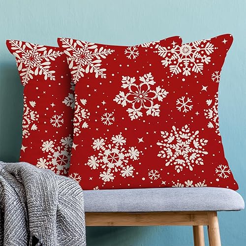 Miniatura 2 de Fundas de almohada de Navidad de 18 x 18 pulgadas, 2 unidades, copos de nieve rojos y blancos, almohadas decorativas para sofá, decoración de