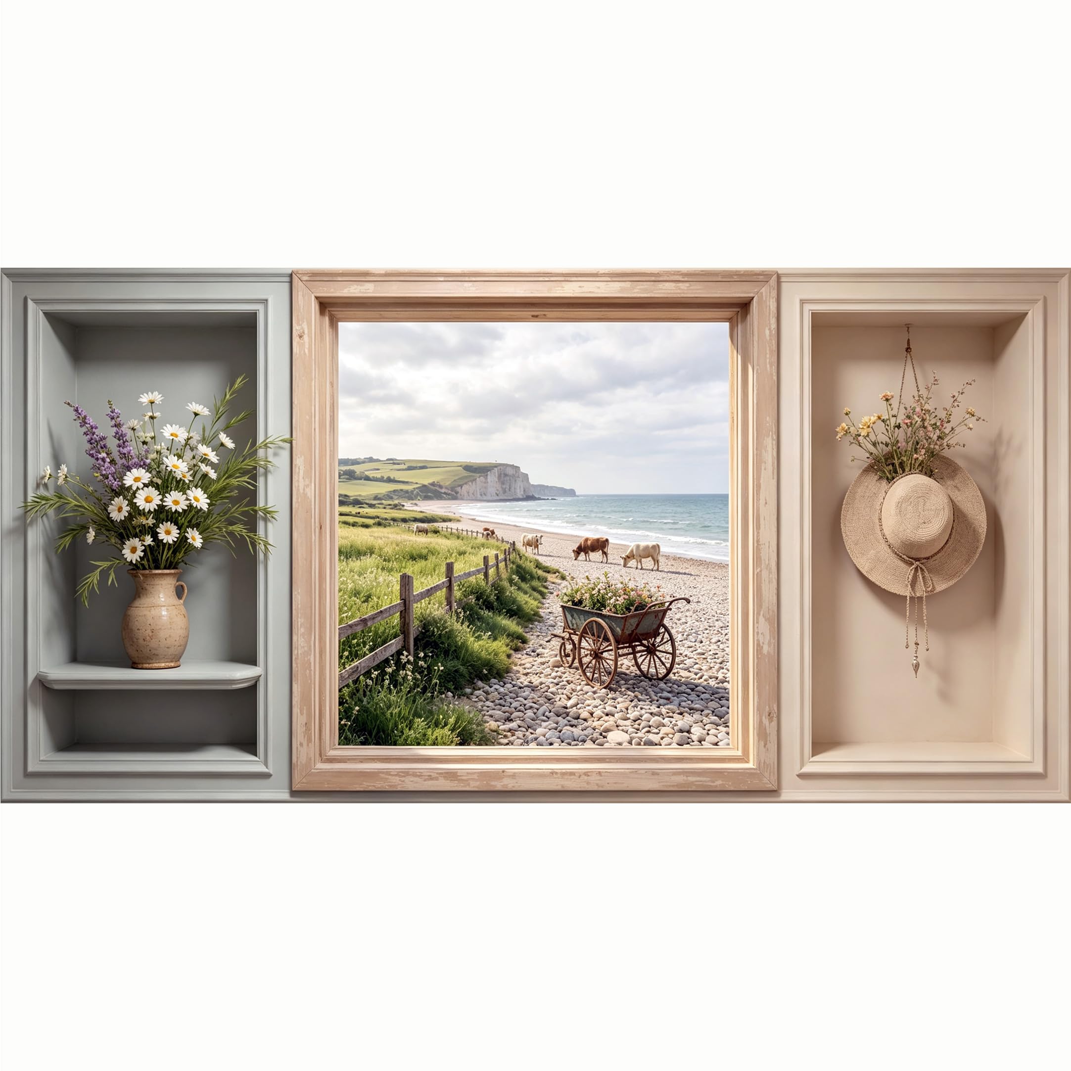 QZLITHOTIC 50x100cm 3D Framed Wall Art， Coastal Farmhouse Cows Ocean Beach Scene Self‑Adhesive Mural， Water‑Activated Peel & Stick Fabric Decor Wall Decal for Bedroom Living Room