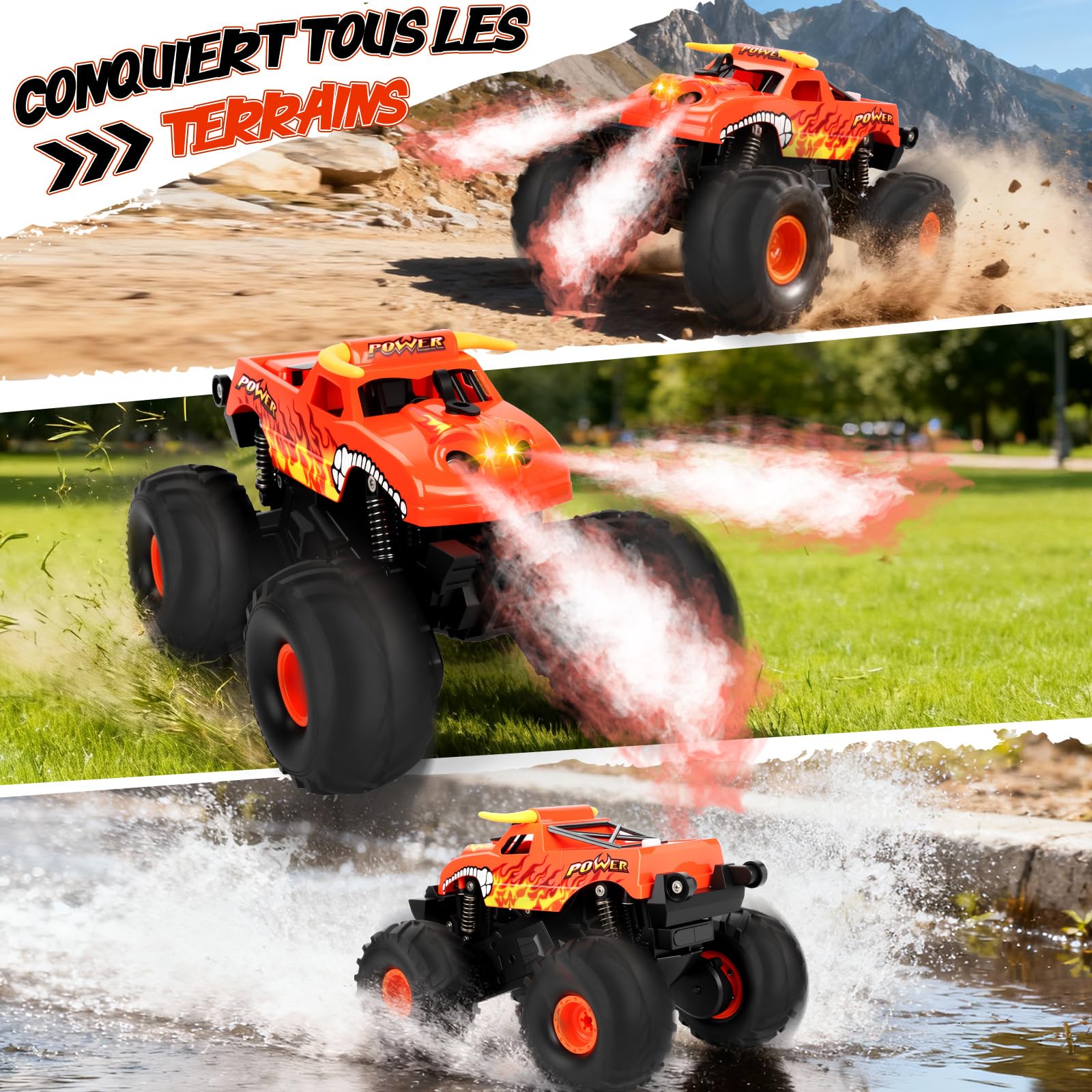 Charmofun Voiture Télécommandée Tout Terrain Amphibie, 4WD Monster Truck Télécommandé Rechargeable avec Effet de fumée, 2.4GHz Voiture RC, Monster Truck RC Offroad pour Enfants (Rouge)