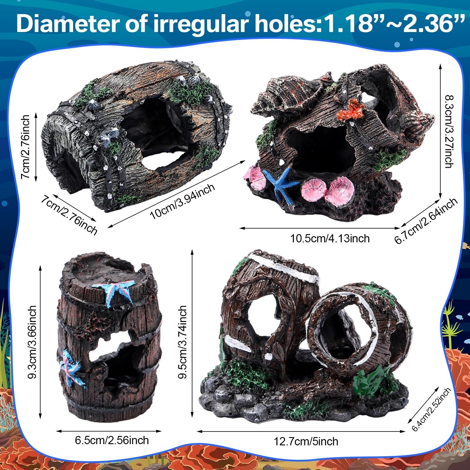 Wenqik 4 Pcs Fish Tank Decorations Broken Barrel Betta Hideout Cave Ornaments Aquarium Decorations Cave Large Fish Tank Ornaments for Small Shrimp Hide Pond(Classic)