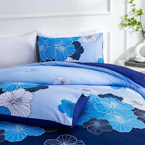 Miniatura 7 de Aimuan Juego de sábanas de edredón floral en una bolsa, 3 piezas, tamaño Queen, flores azules, juego de ropa de cama de verano de microfibra suave